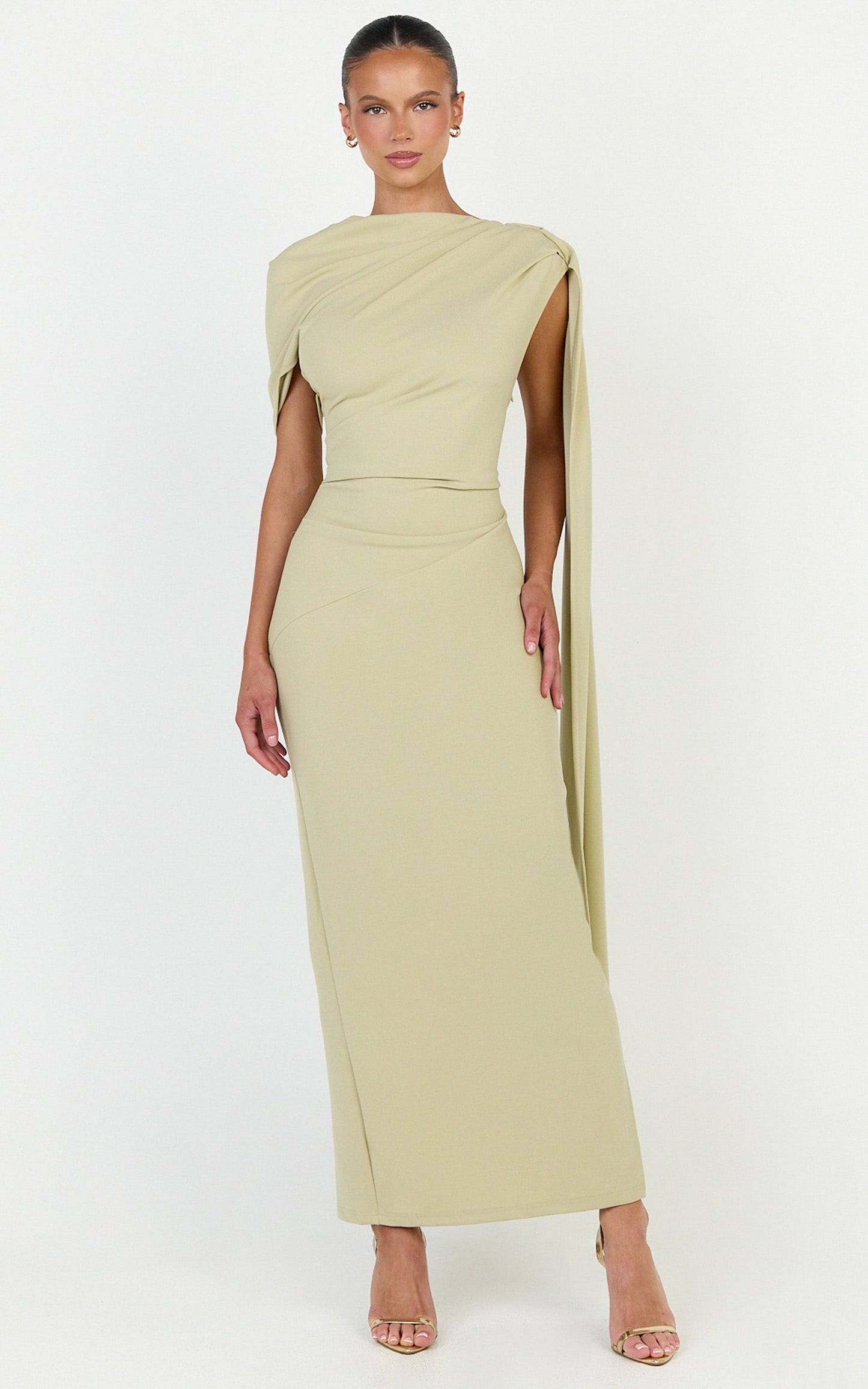 Visenta Midi Dress - Asymmetrical Sleeve Dress in Sage