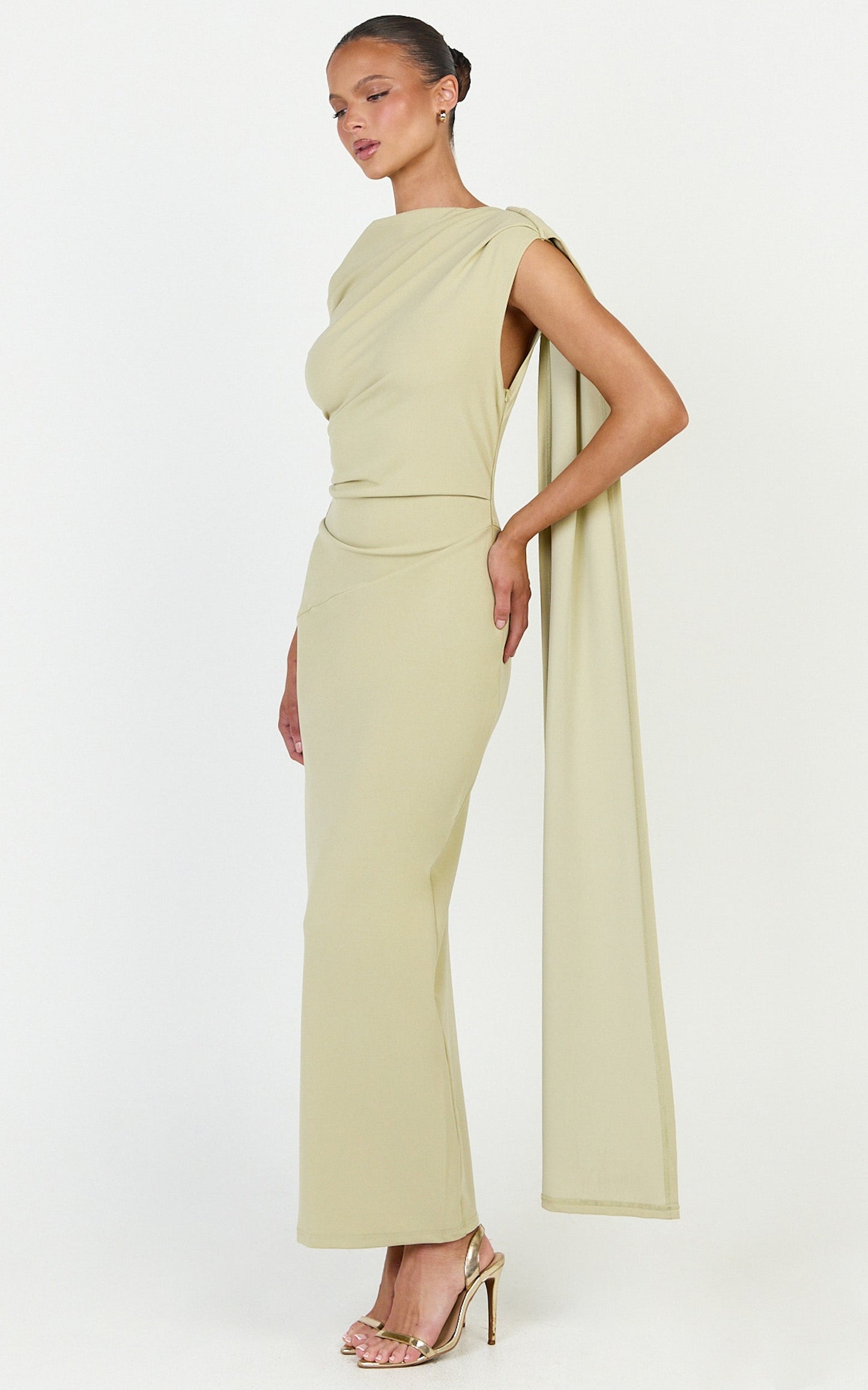 Visenta Midi Dress - Asymmetrical Sleeve Dress in Sage