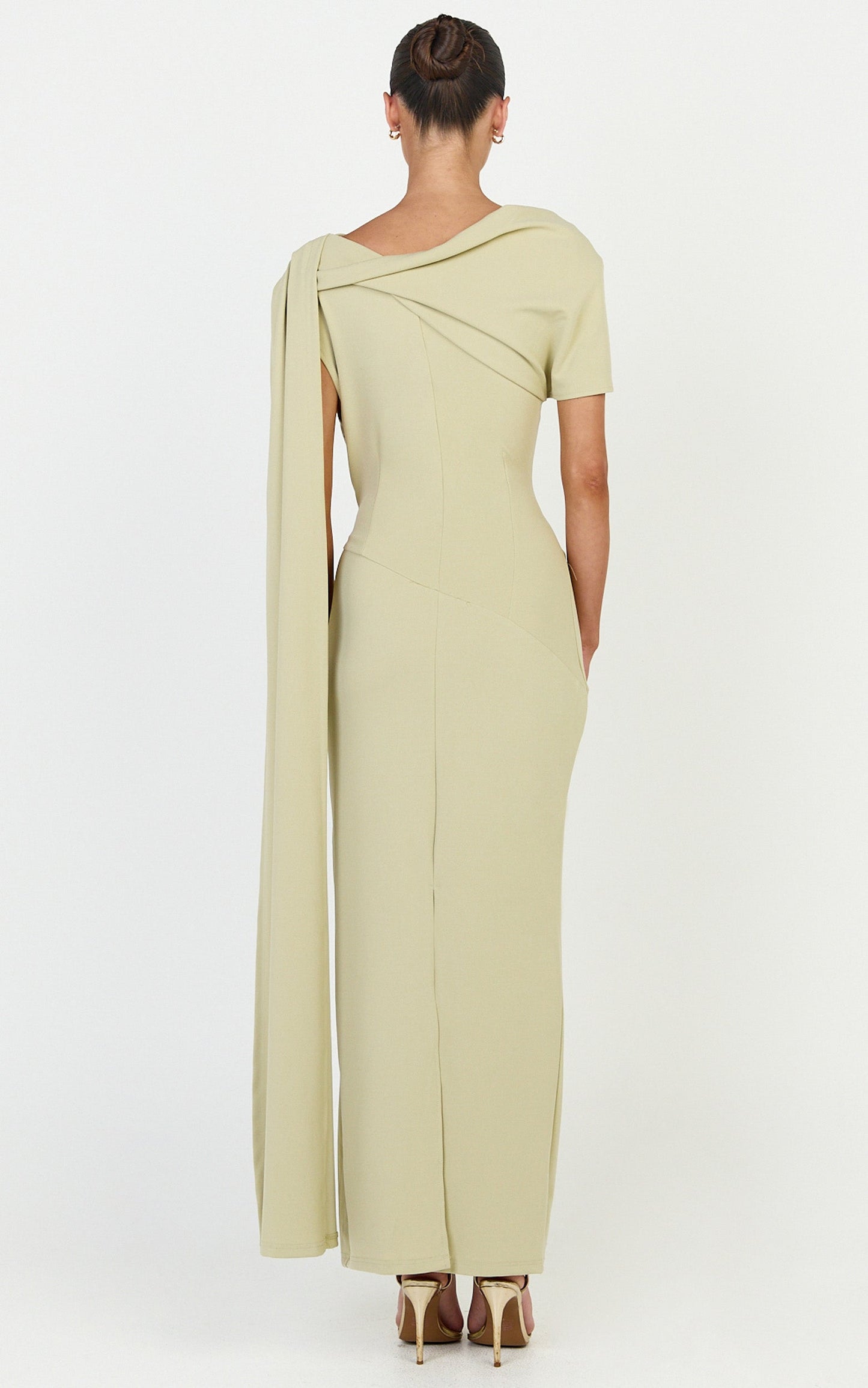 Visenta Midi Dress - Asymmetrical Sleeve Dress in Sage