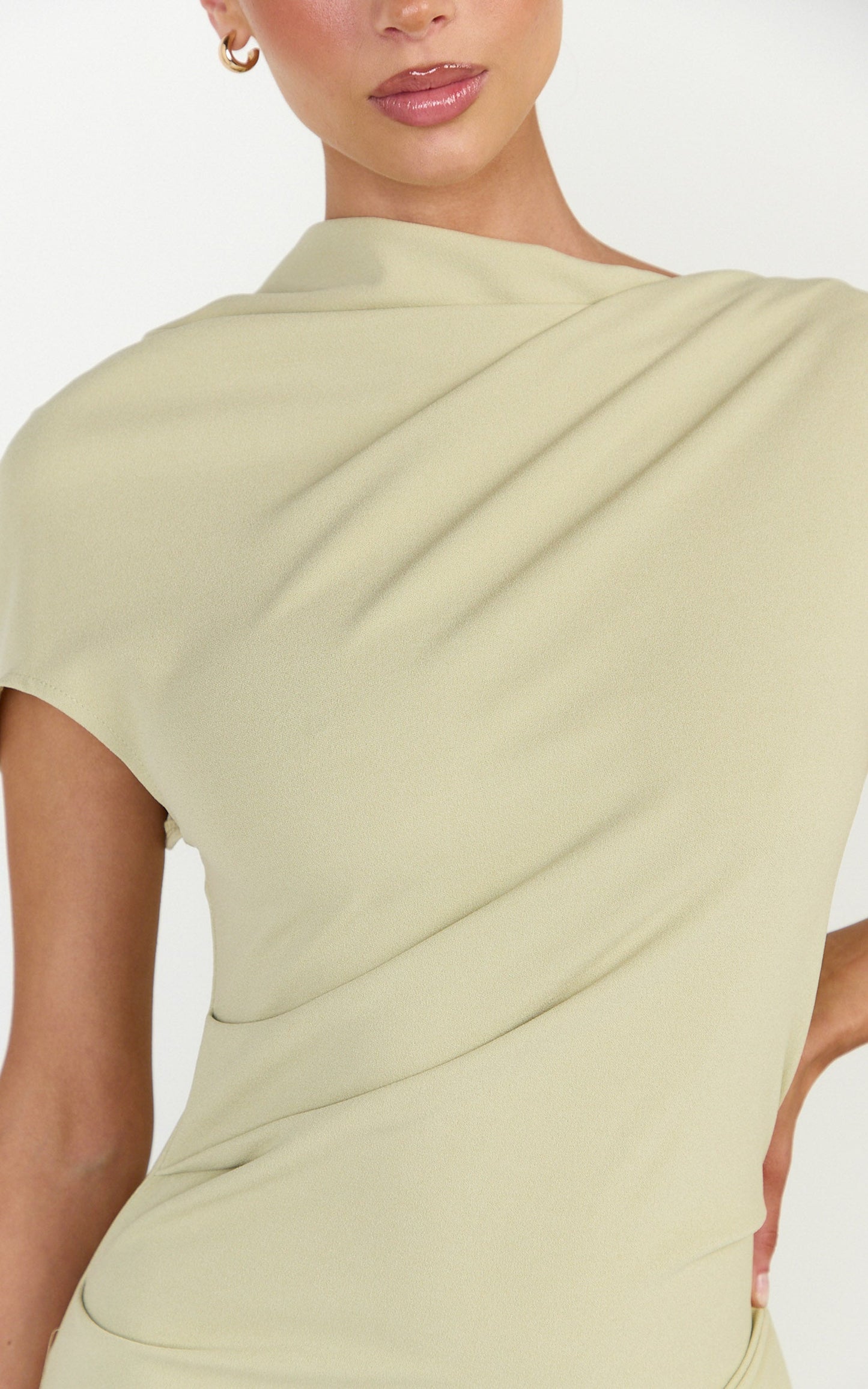 Visenta Midi Dress - Asymmetrical Sleeve Dress in Sage