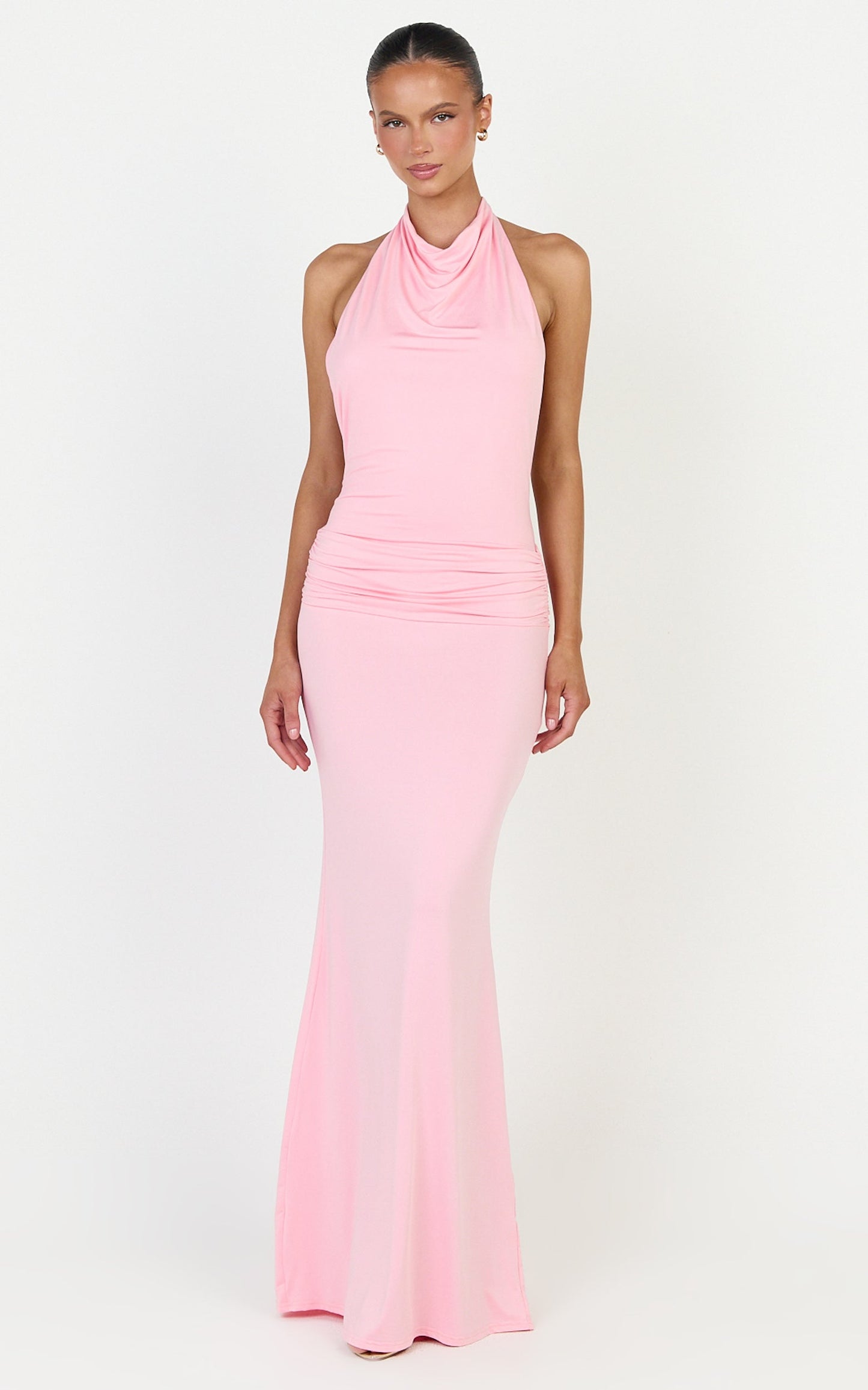 Lizzy Maxi Dress - Backless Ruched Bodycon Dress in Pink