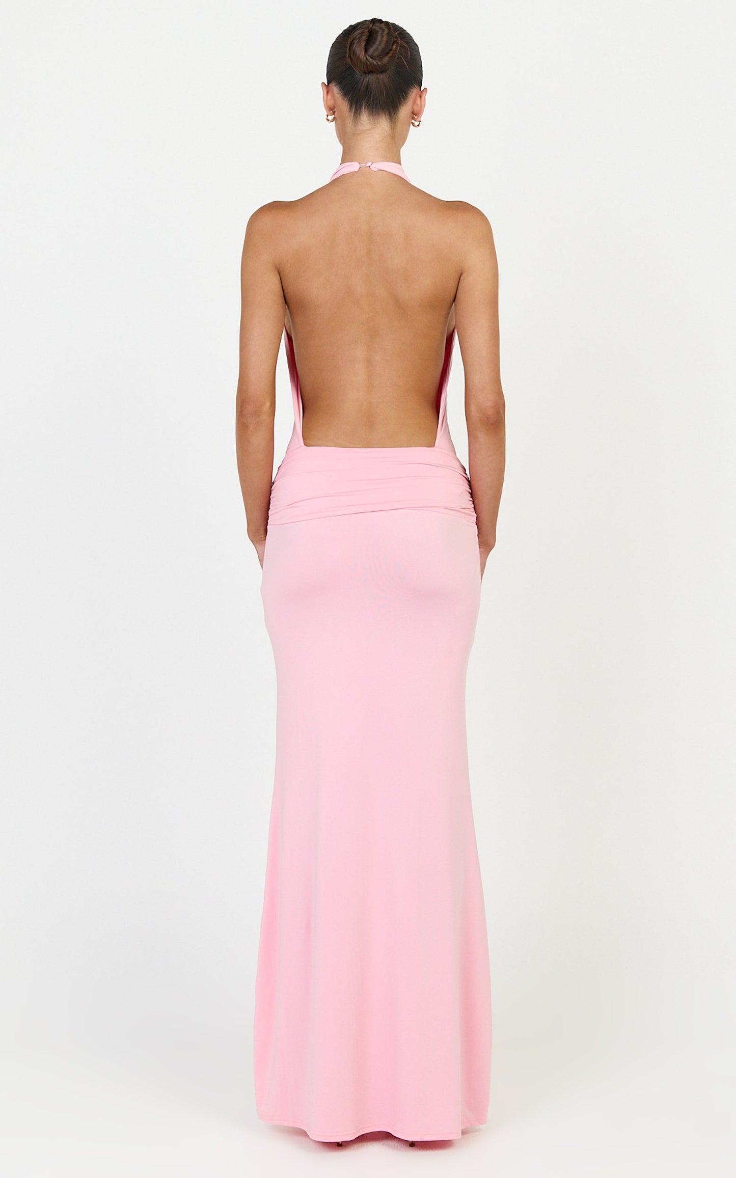Lizzy Maxi Dress - Backless Ruched Bodycon Dress in Pink