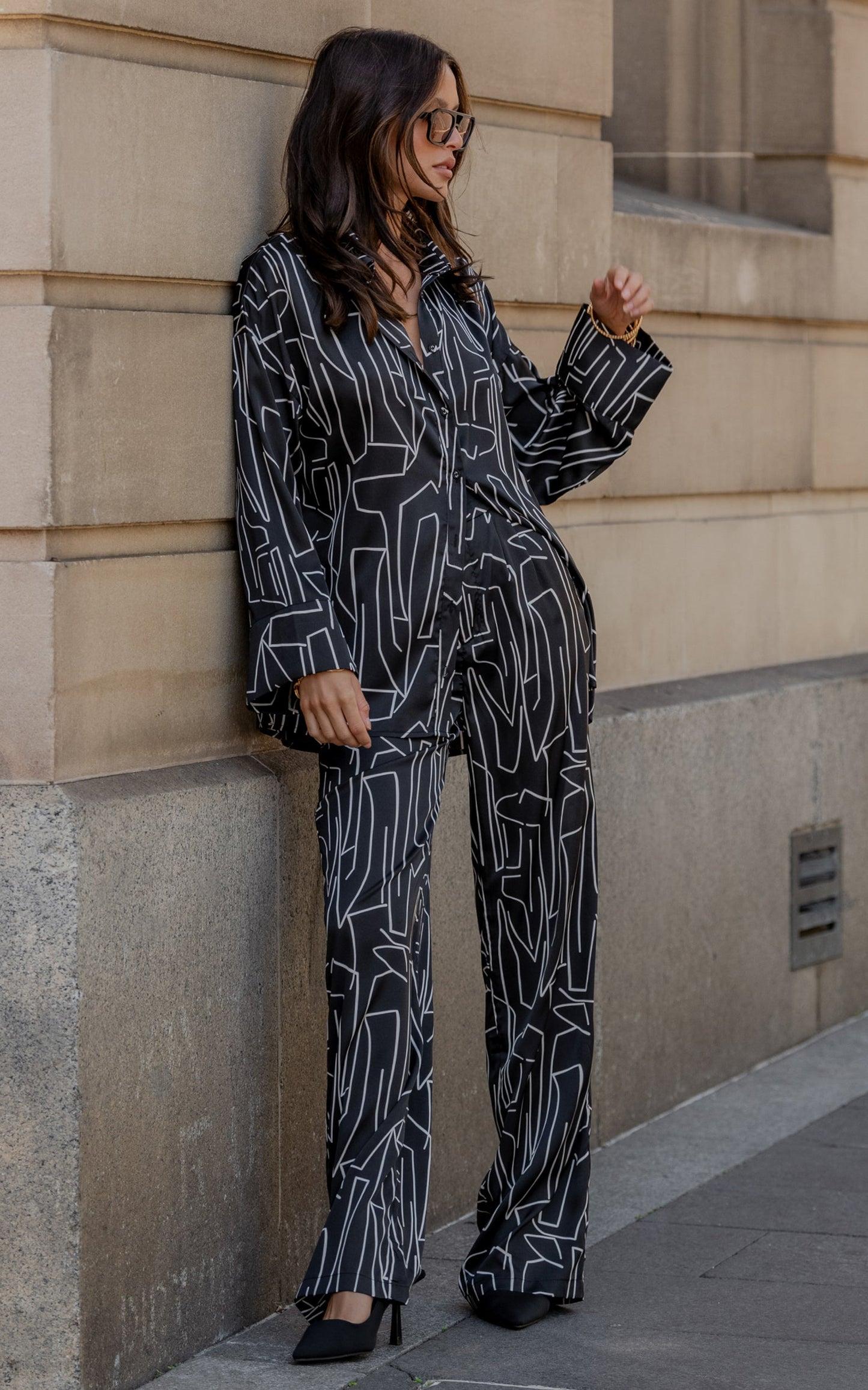 Janissa Pants - High Waisted Wide Leg Pants in Black and White Linear