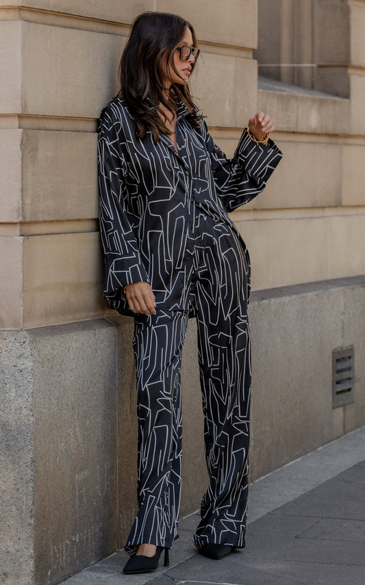 Janissa Pants - High Waisted Wide Leg Pants in Black and White Linear