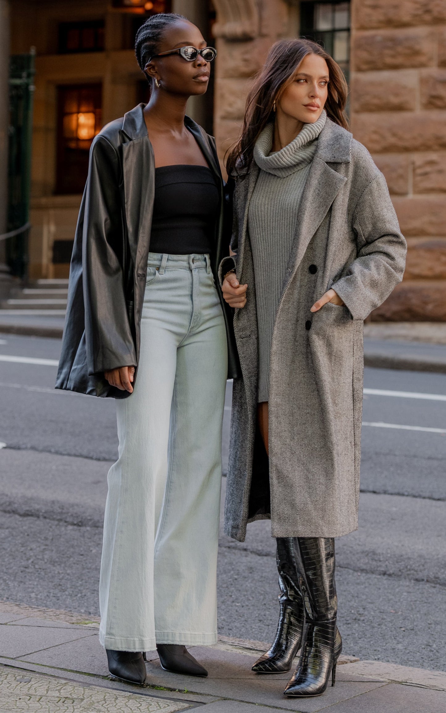 Anzelle Coat - Double Breasted Longling Herringbone Coat in Black and White Herringbone