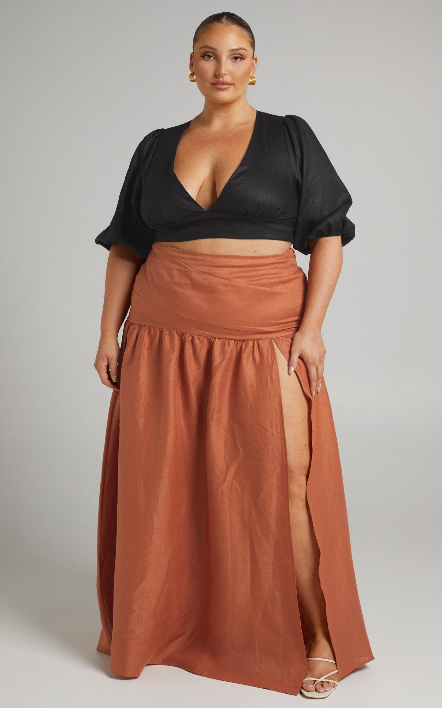 Amalie The Label - Athena Linen Side Split Maxi Linen Skirt in Rust