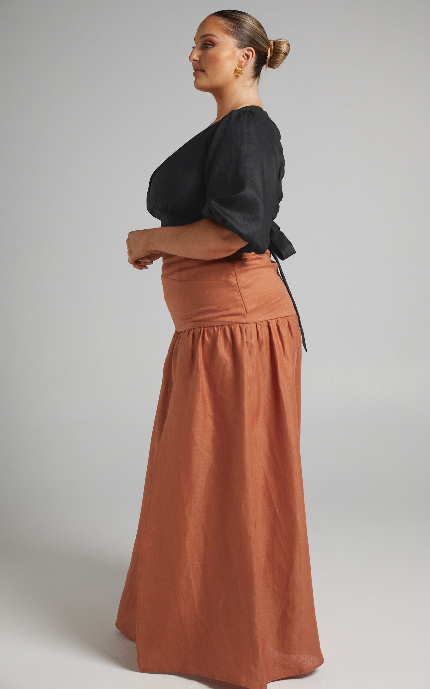 Amalie The Label - Athena Linen Side Split Maxi Linen Skirt in Rust