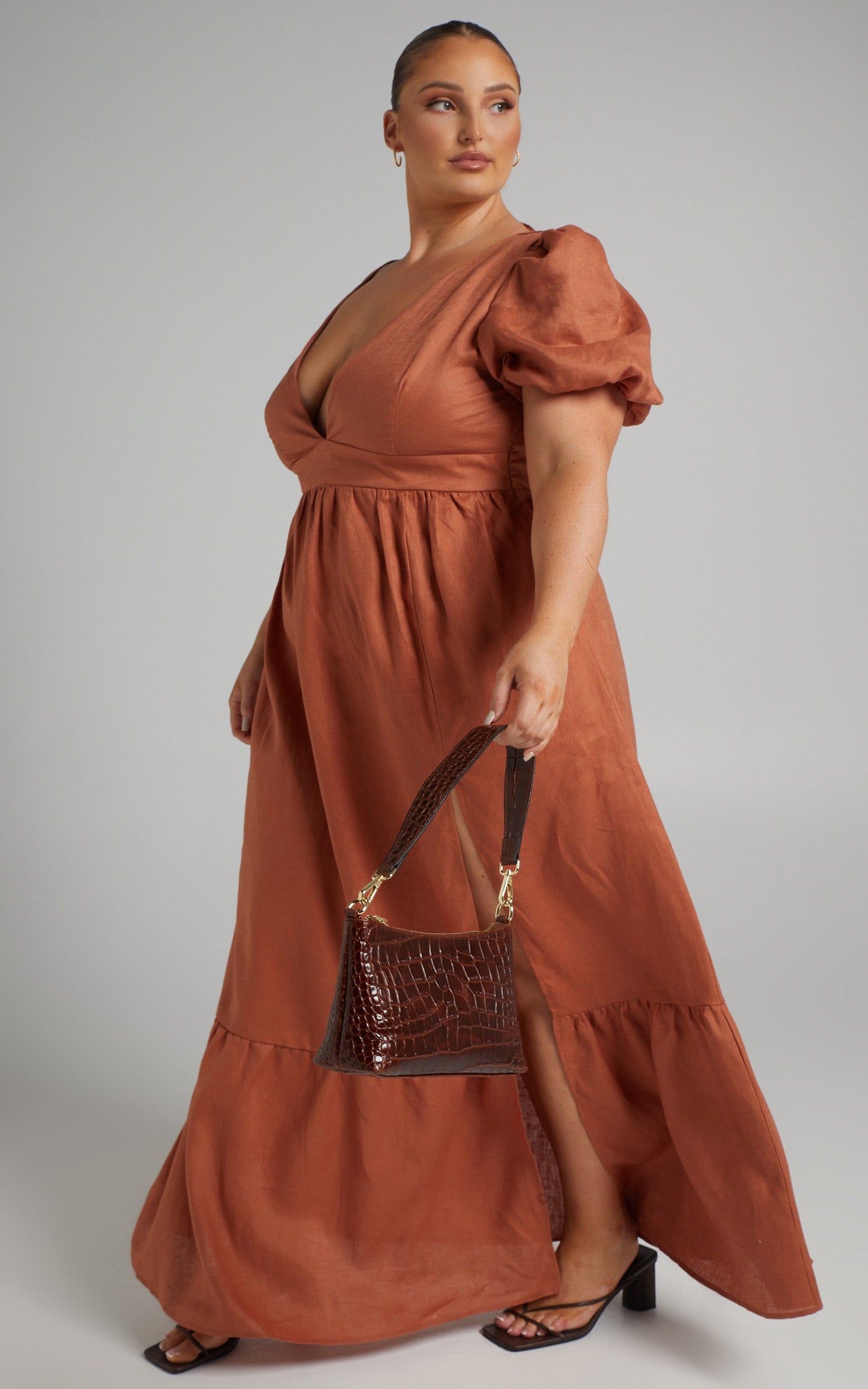 Amalie The Label - Alanice Linen Puff Sleeve Open Back Maxi Linen Dress in Rust