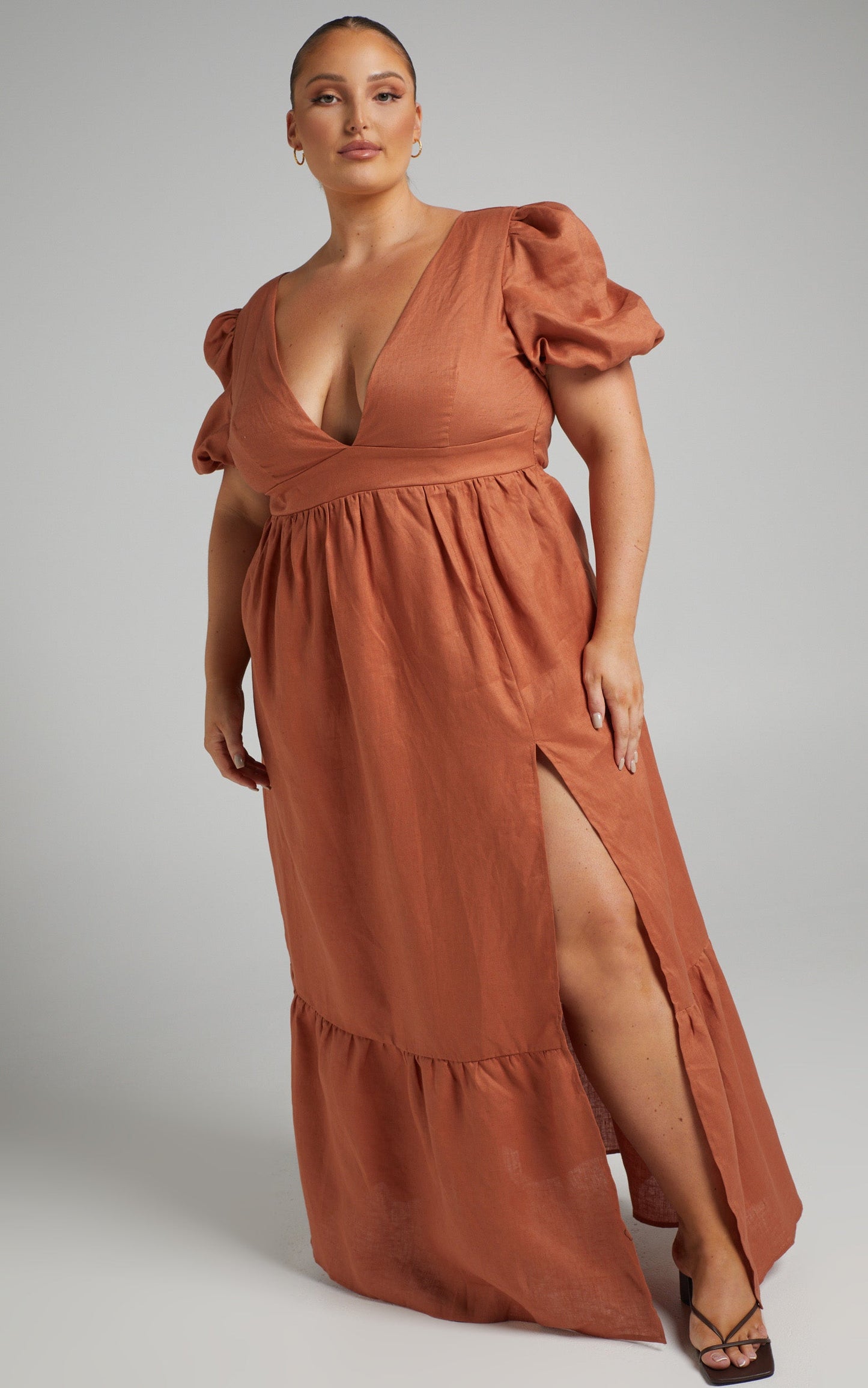 Amalie The Label - Alanice Linen Puff Sleeve Open Back Maxi Linen Dress in Rust