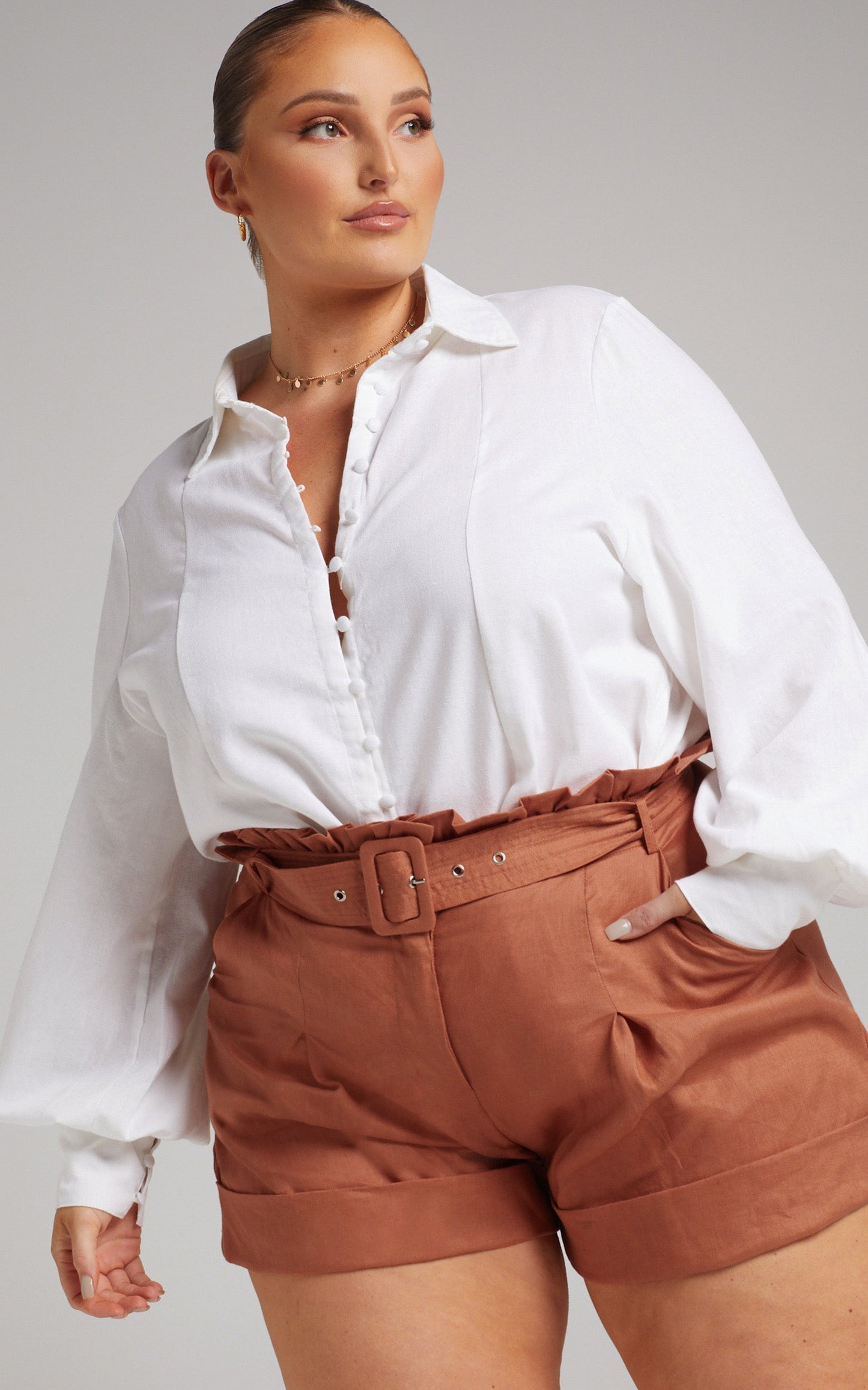 Amalie The Label - Georganna Linen Paper Bag Belted Linen Shorts in Rust