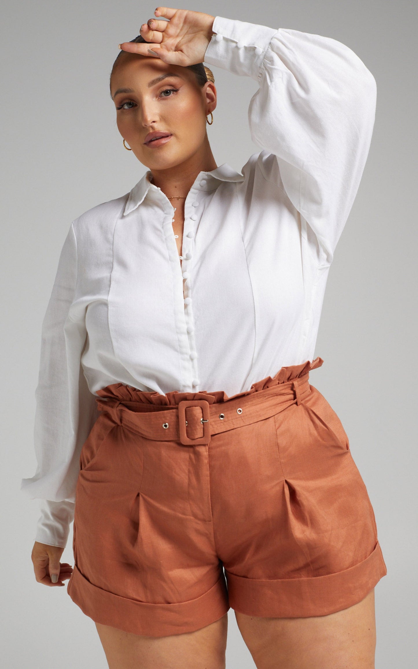 Amalie The Label - Georganna Linen Paper Bag Belted Linen Shorts in Rust