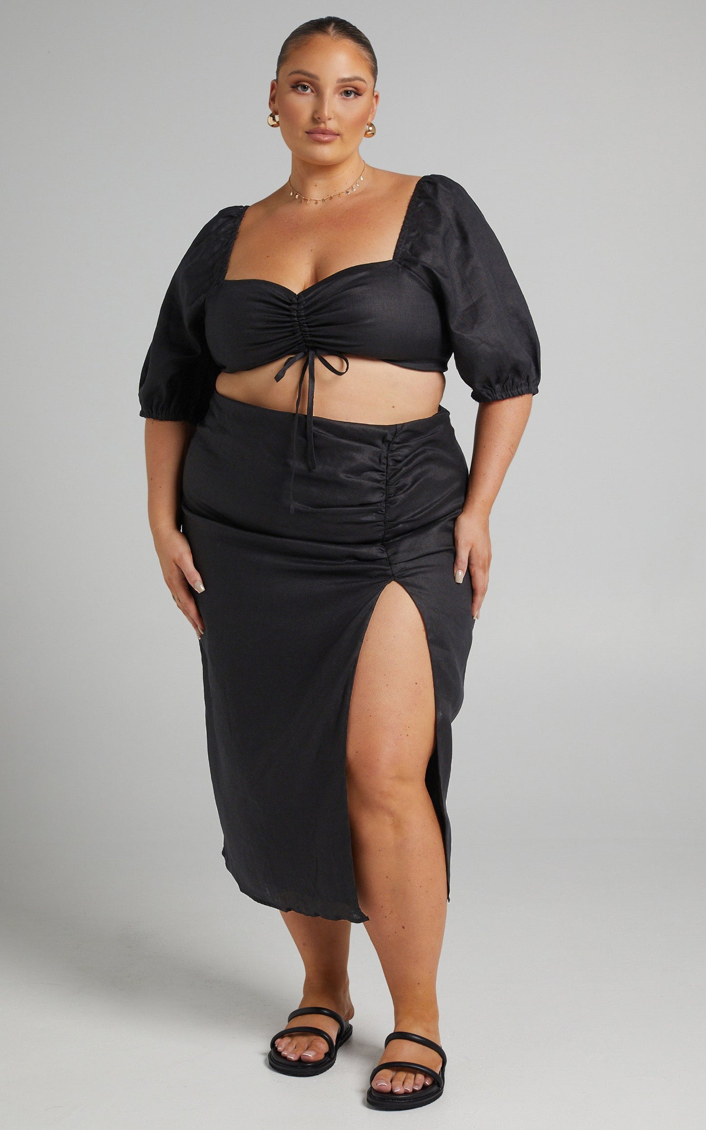 Amalie The Label - Amabel Linen Crop Top and Midi Skirt Two Piece Set in Black