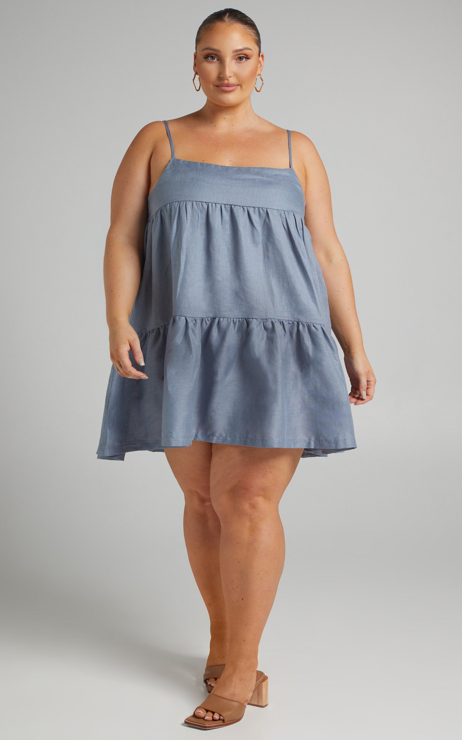 Amalie The Label - Devonia Linen Tiered Shift Mini Linen Dress in Blue