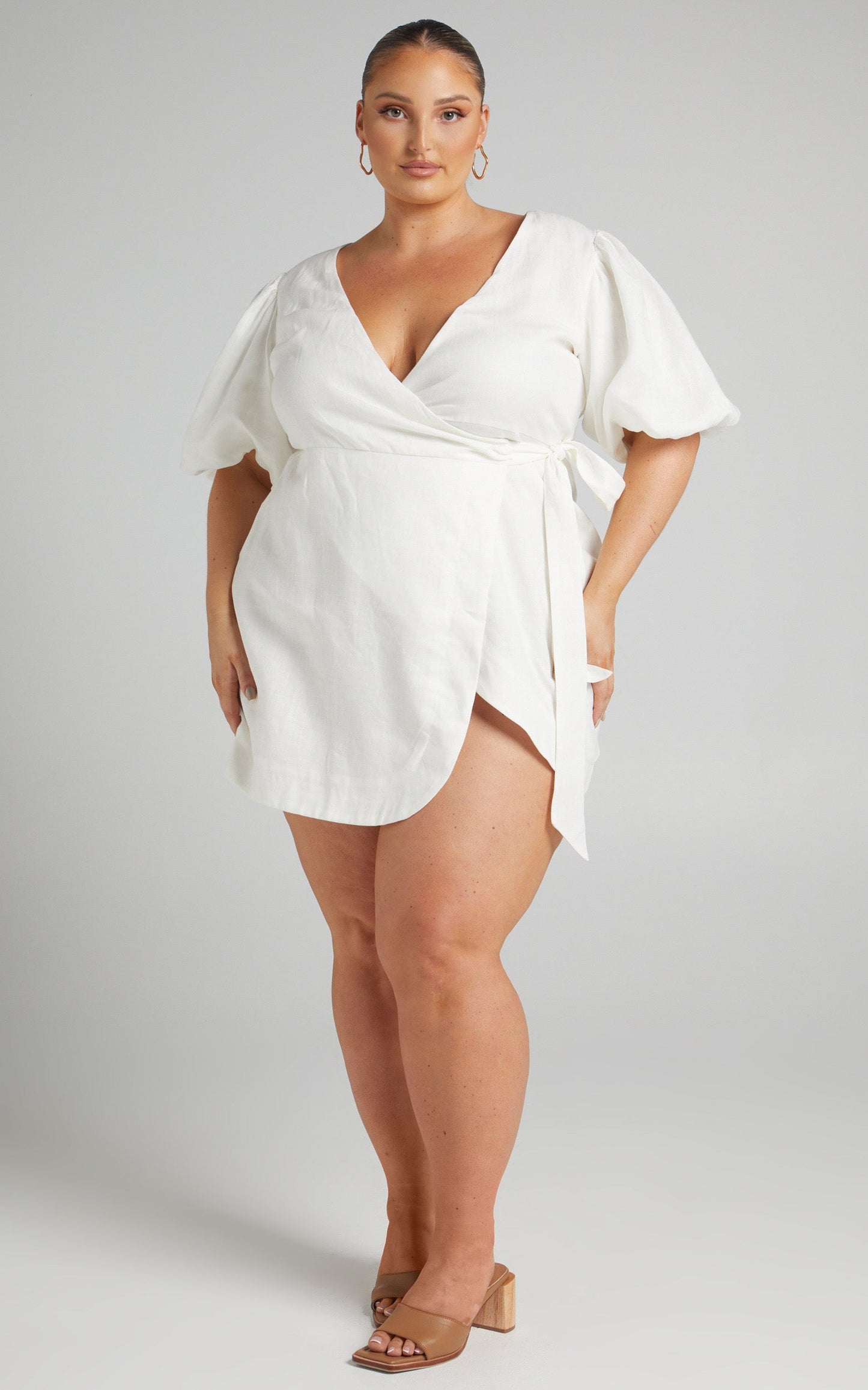Amalie The Label - Apolline Linen Puff Sleeve Wrap Mini Linen Dress in White