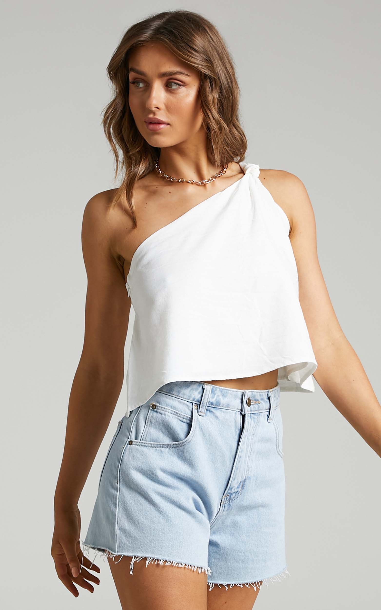 Analia Top - Linen One Shoulde Knot Detail Top in White