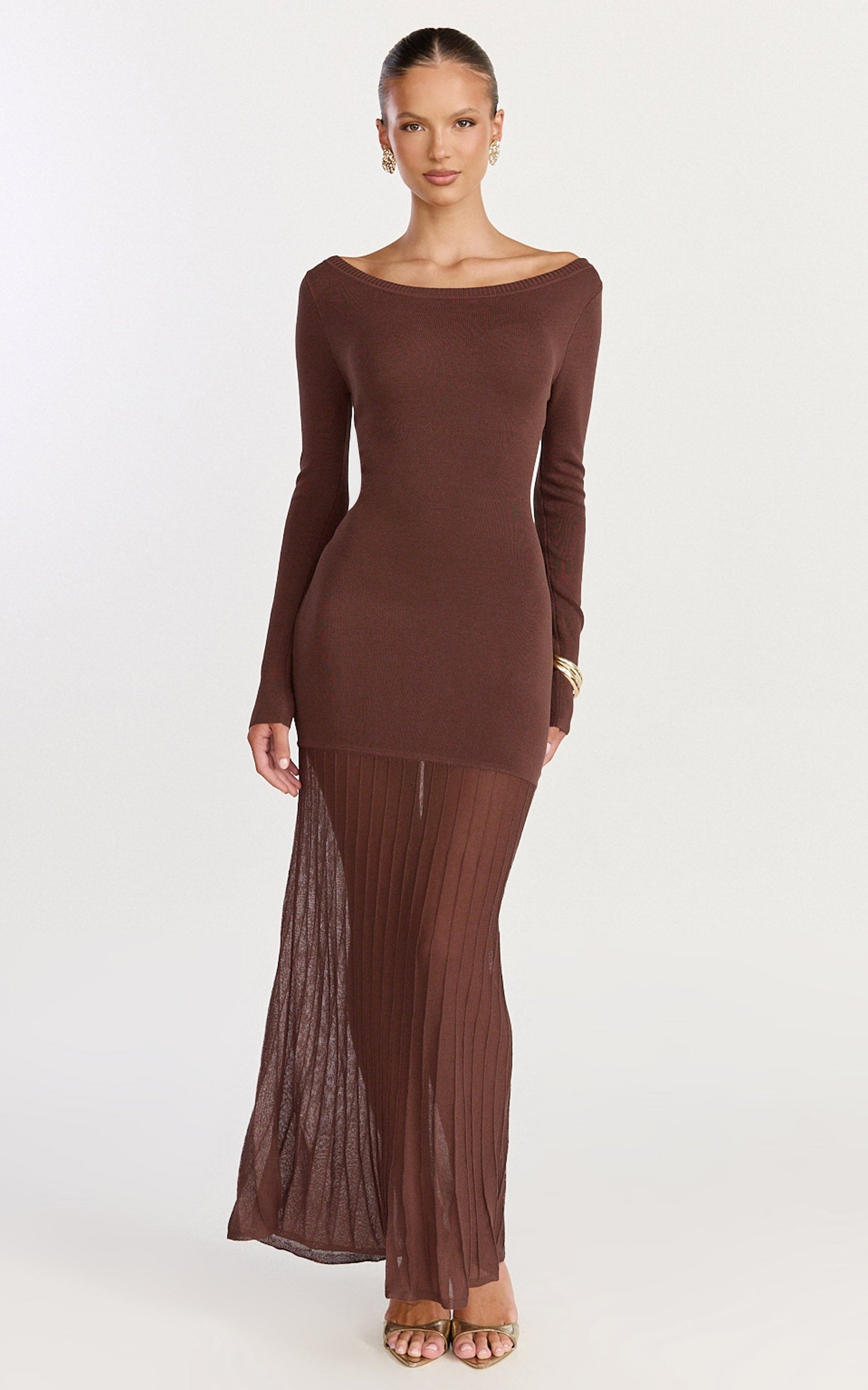 Delphine Maxi Dress - Long Sleeve Knit Sheer Pleated Skirt Maxi Dress in Chocolate