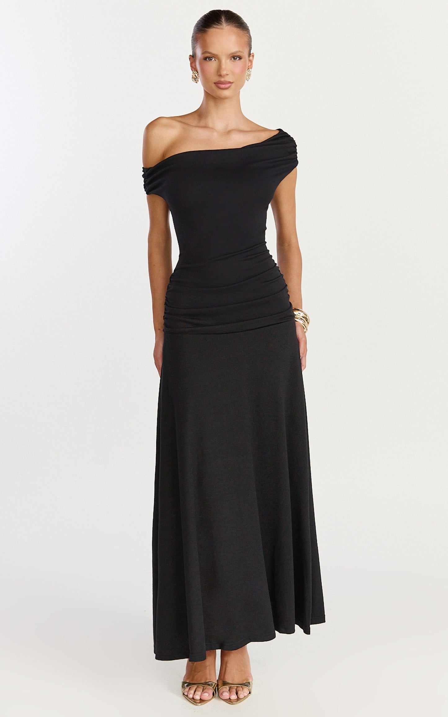 Ophelia Maxi Dress - Off Shoulder Ruched Fit And Flare Dress in Black