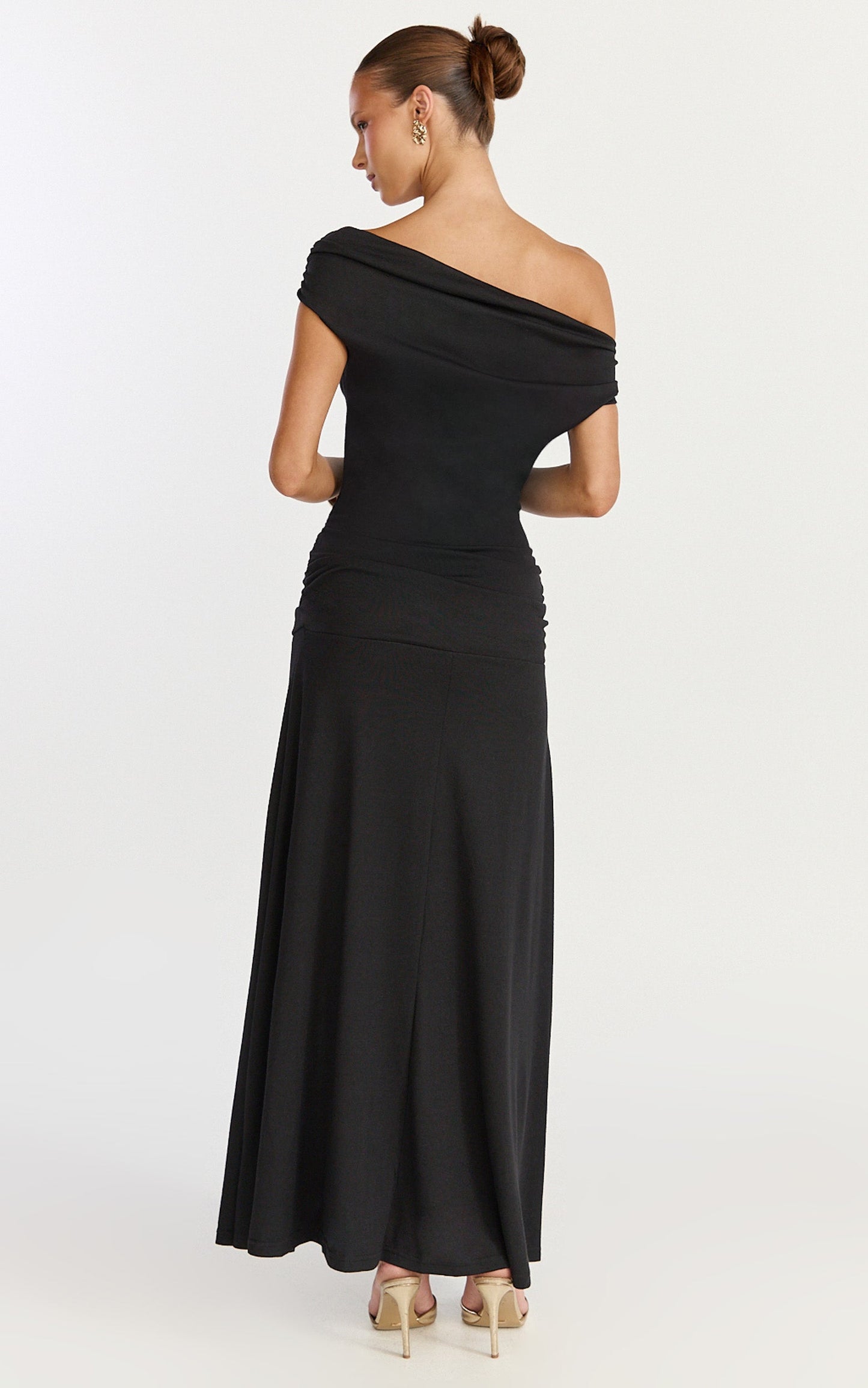 Ophelia Maxi Dress - Off Shoulder Ruched Fit And Flare Dress in Black
