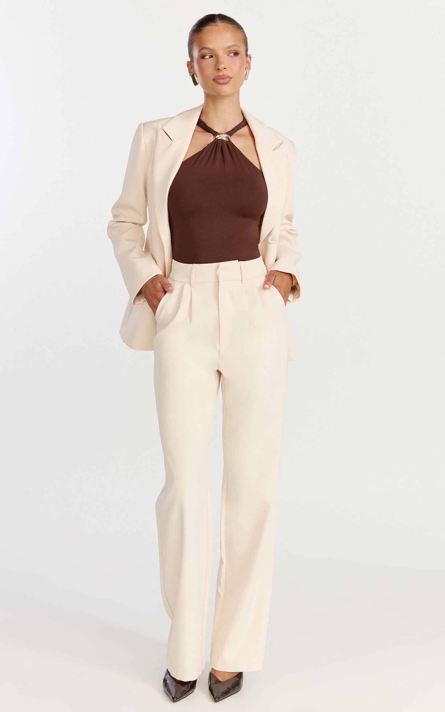 Clarisse Top - Sleeveless Halter Neck Top With Hardware Feature in Choc