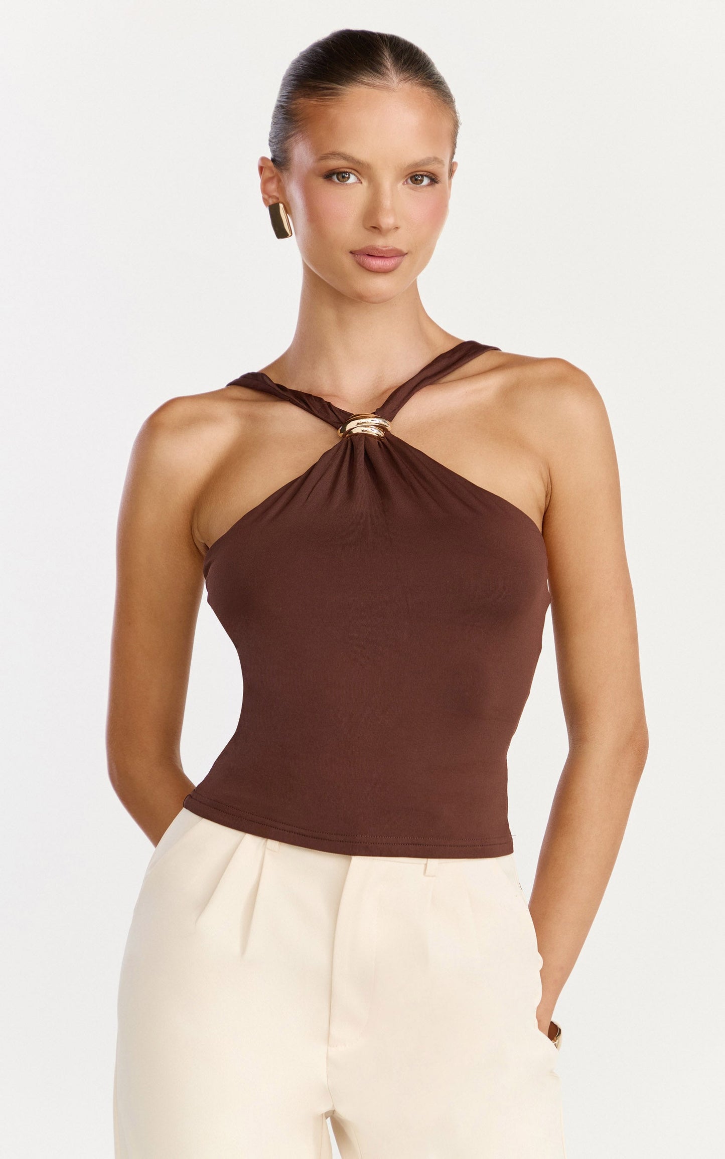 Clarisse Top - Sleeveless Halter Neck Top With Hardware Feature in Choc
