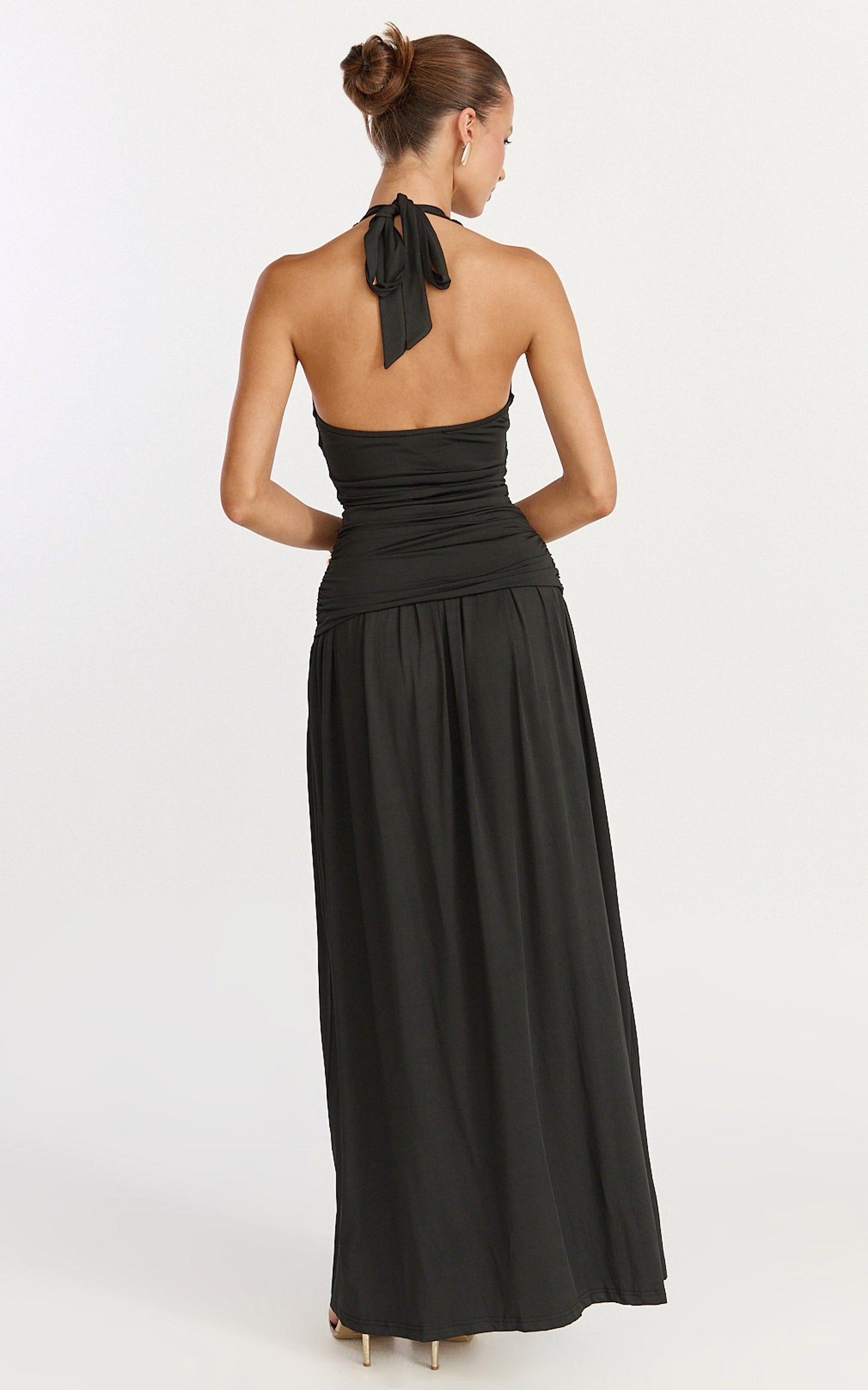 Coraline Maxi Dress - Plunge Neckline Double Waist Sash Halter Dress in Black