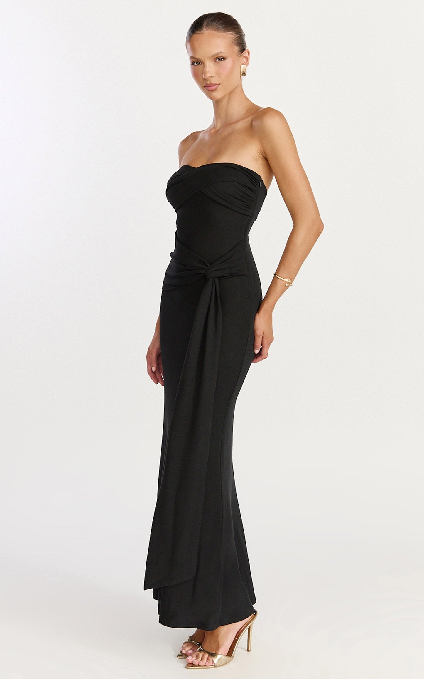 Aria Midi Dress - Strapless Tie Waist Dress in Black
