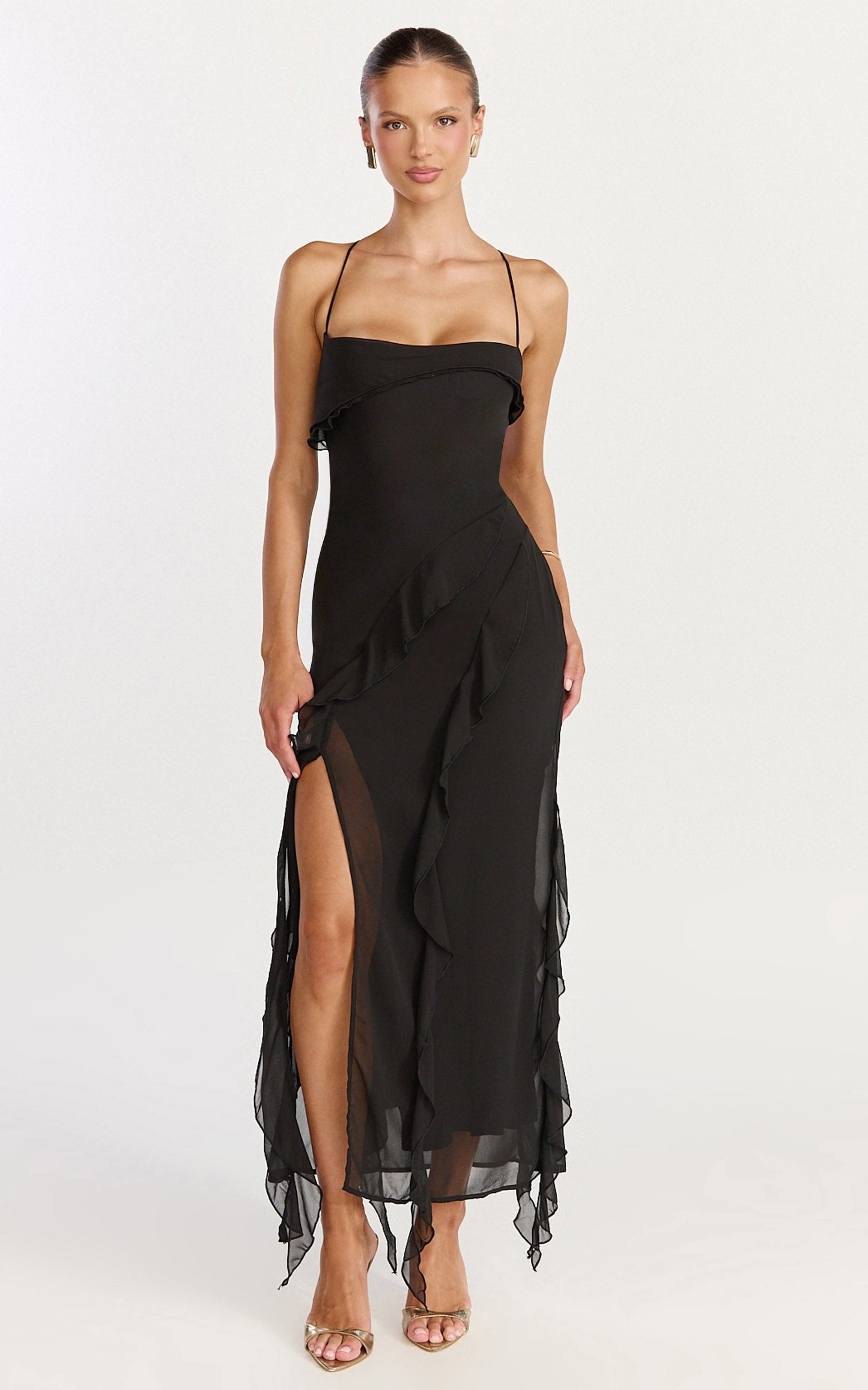 Connie Midi Dress - Ruffle Detail Dress in Black