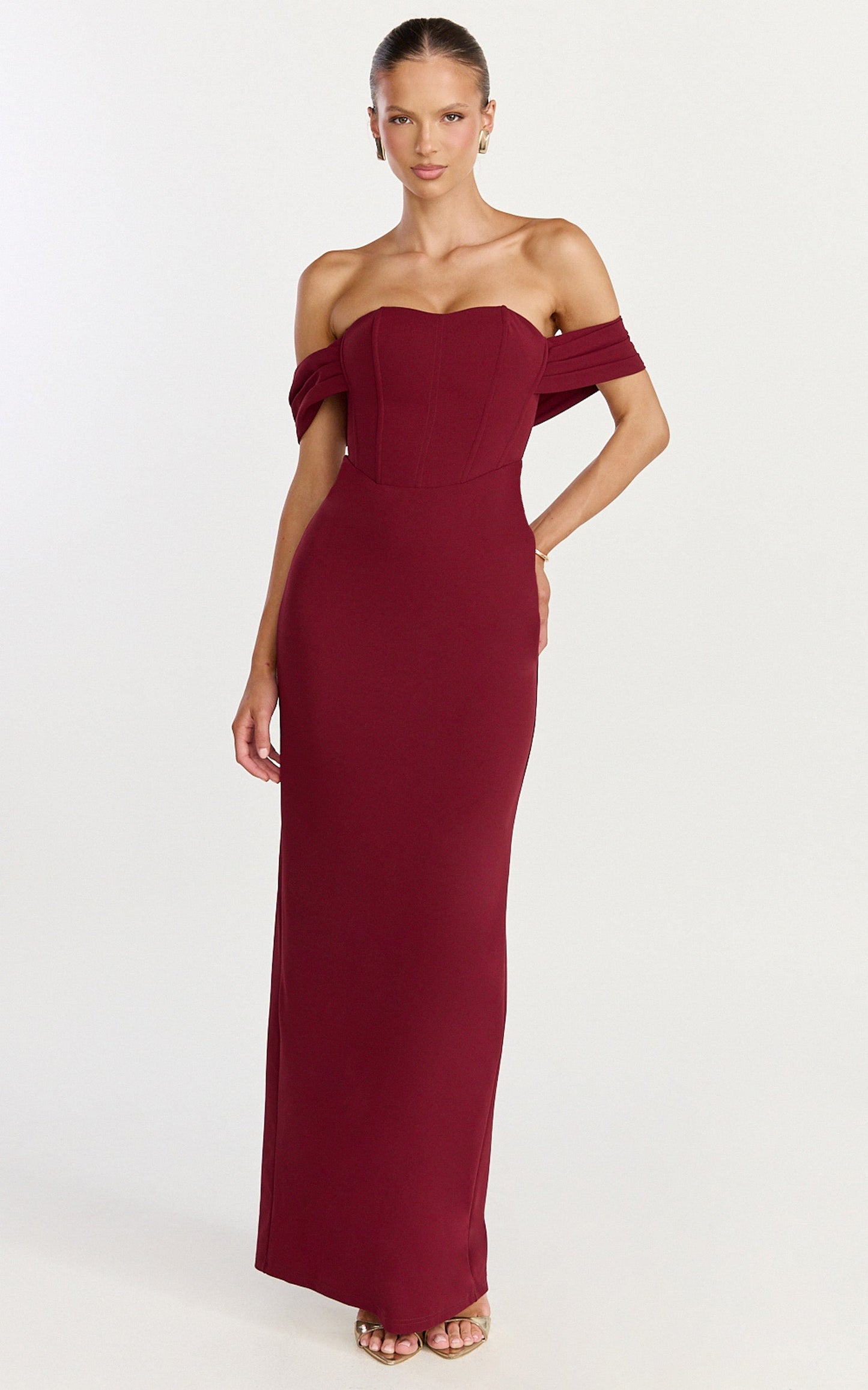 Karina Maxi Dress - Off Shoulder Corset Bodice Lace Up Back Dress in Wine