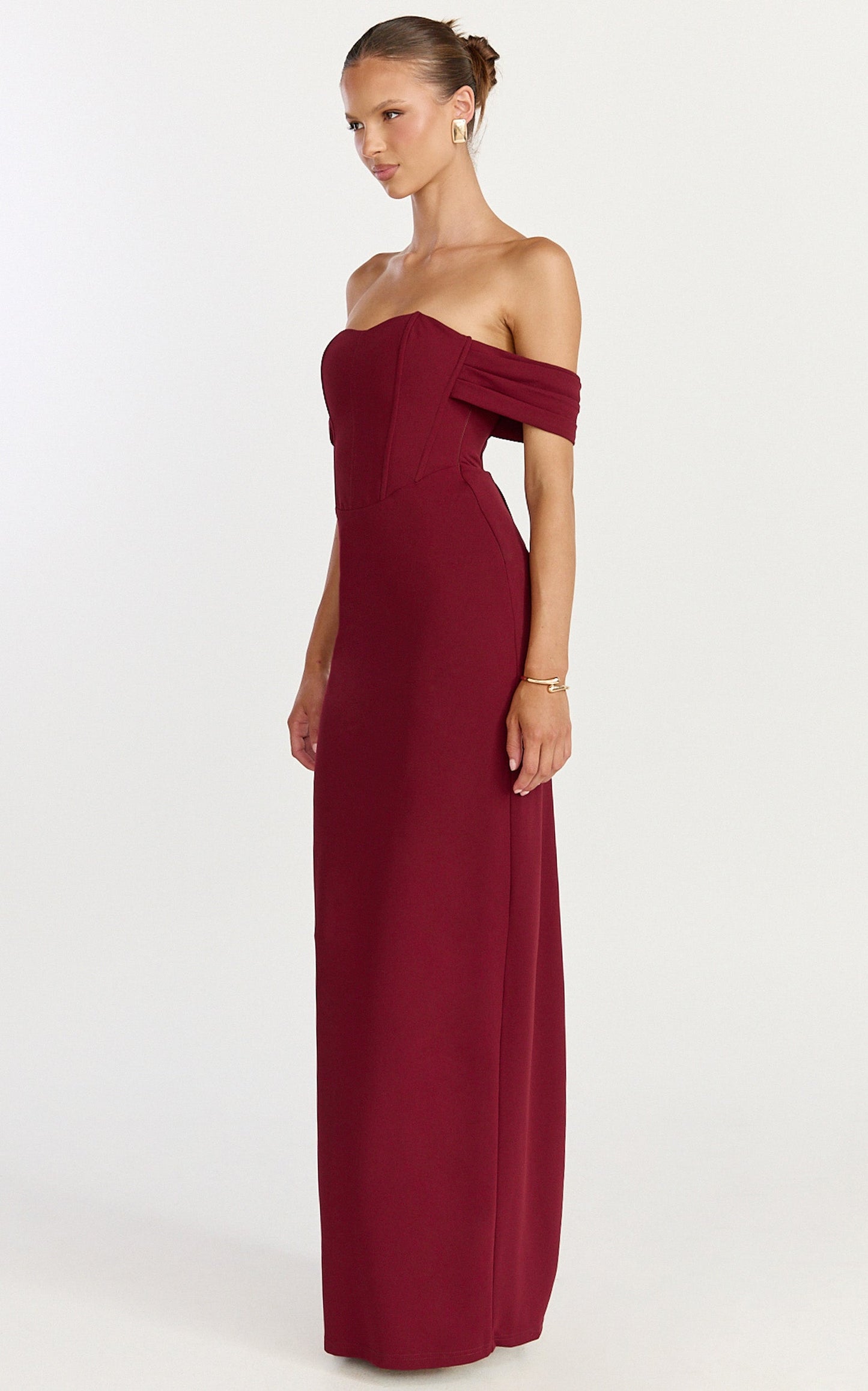 Karina Maxi Dress - Off Shoulder Corset Bodice Lace Up Back Dress in Wine