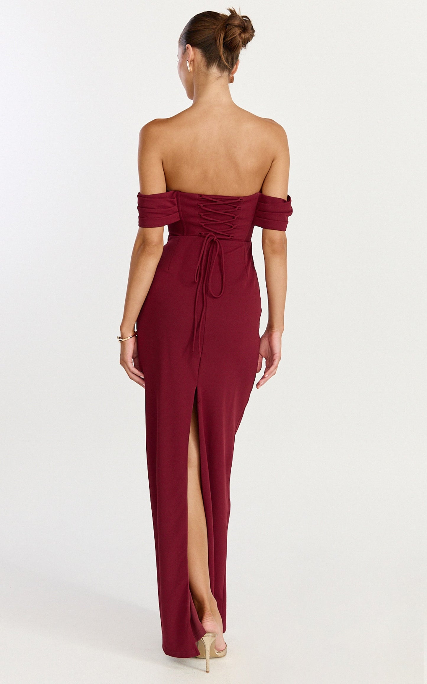 Karina Maxi Dress - Off Shoulder Corset Bodice Lace Up Back Dress in Wine