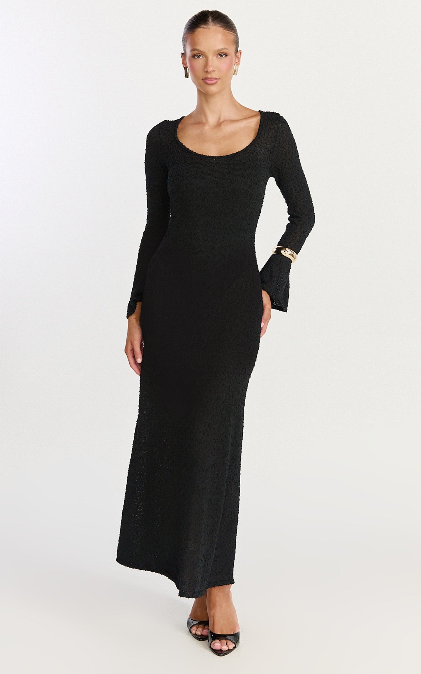 Michelle Maxi Dress - Scoop Neck Flute Sleeve Knit Maxi Dress in Black