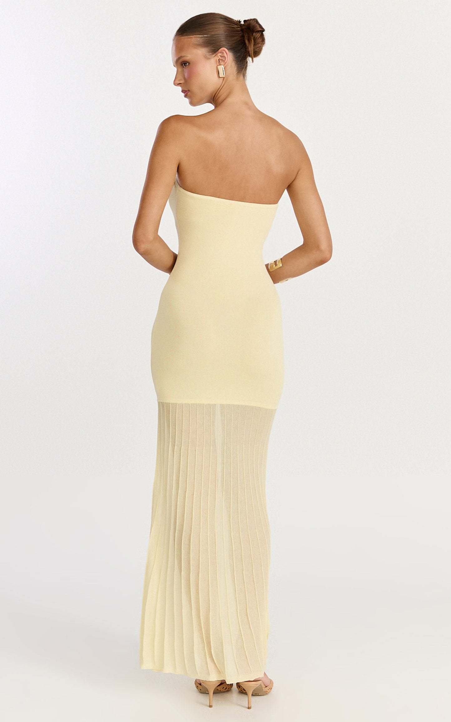 Lucy Maxi Dress - Strapless Pleated Skirt Knitted Dress in Lemon