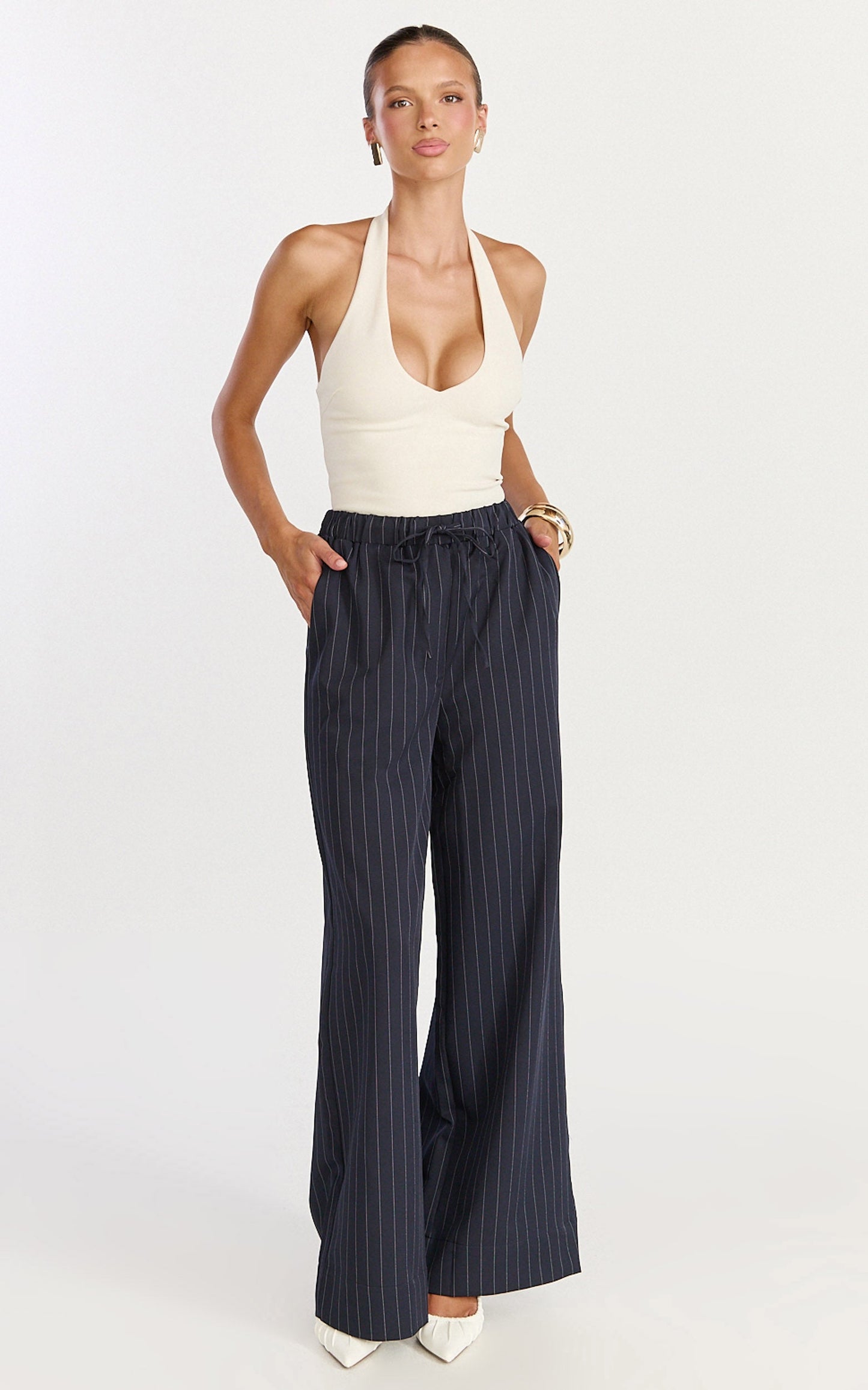 Amara Pants - High Waist Wide Leg Stripe Pants in Navy