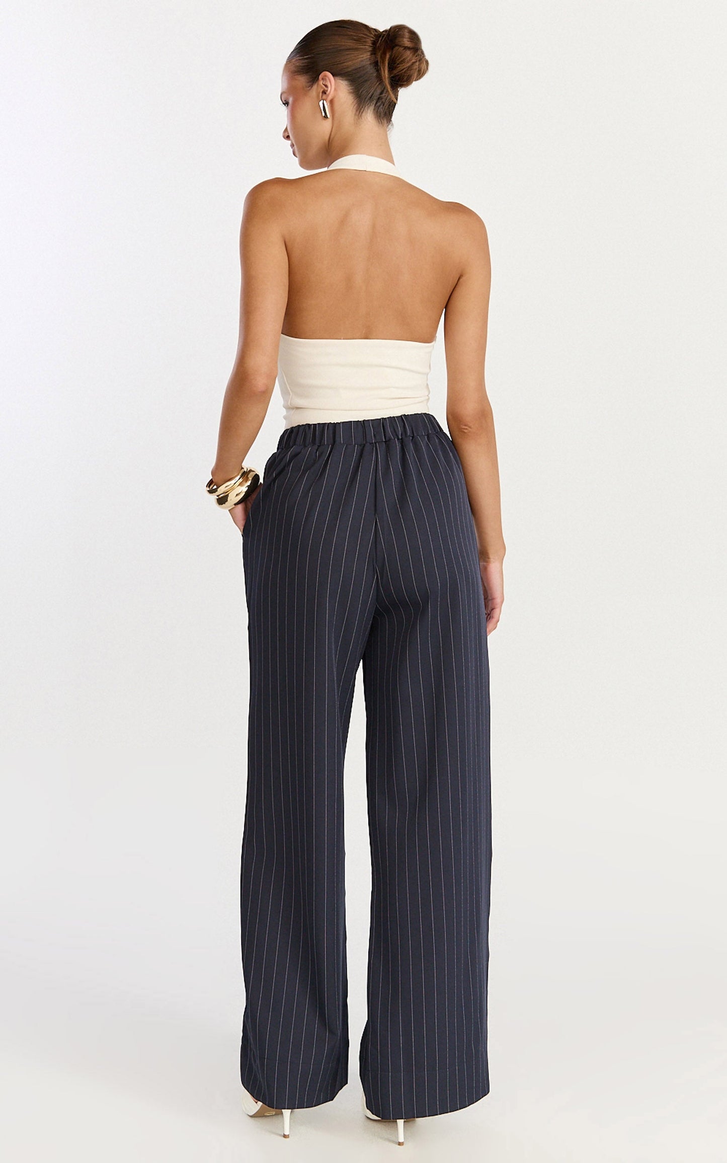 Amara Pants - High Waist Wide Leg Stripe Pants in Navy