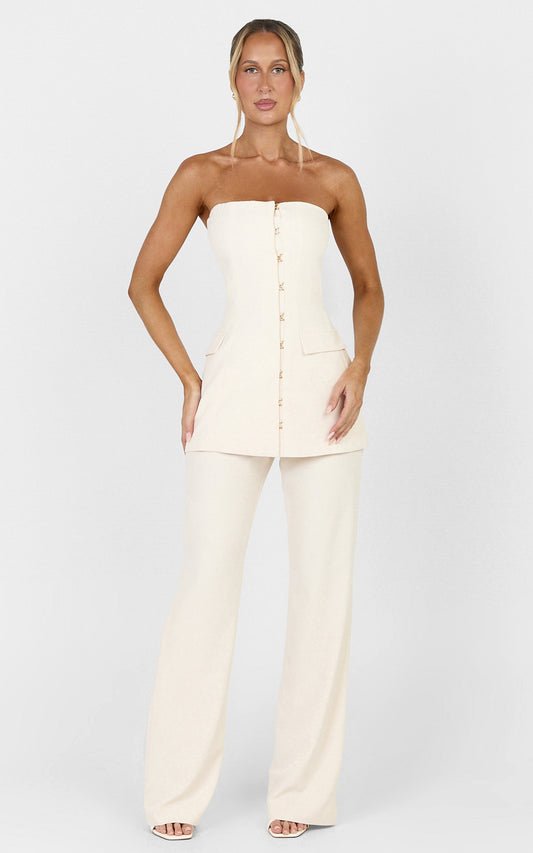 Seina Two Piece Top and Pants Set - Strapless Long Line Top And Low Waisted Tapered Pants Set in Off White