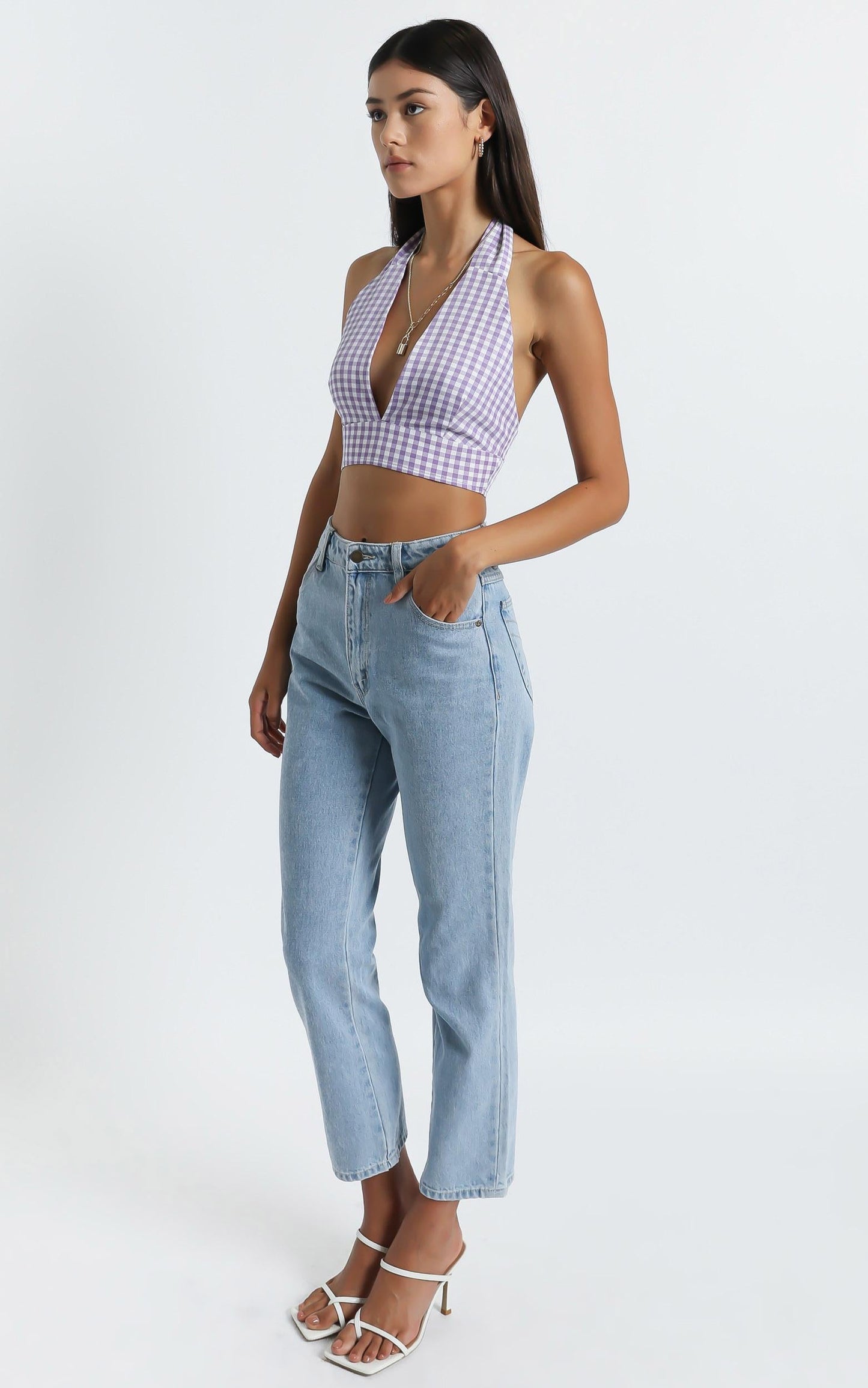 Kady Top - Deep V Halter Crop Top in Purple Check