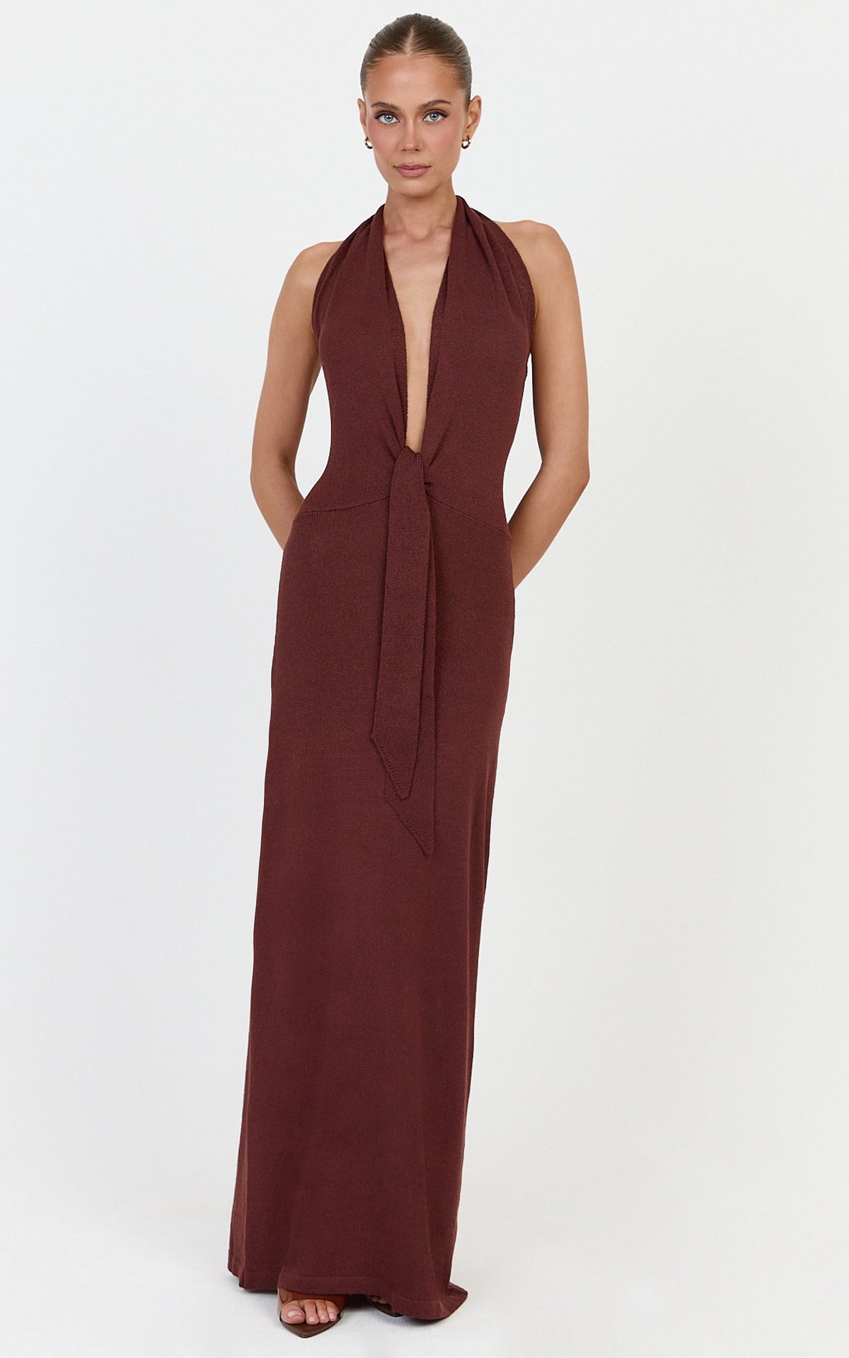 Florence Maxi Dress - Halterneck Tie Detail Knit Dress in Chocolate