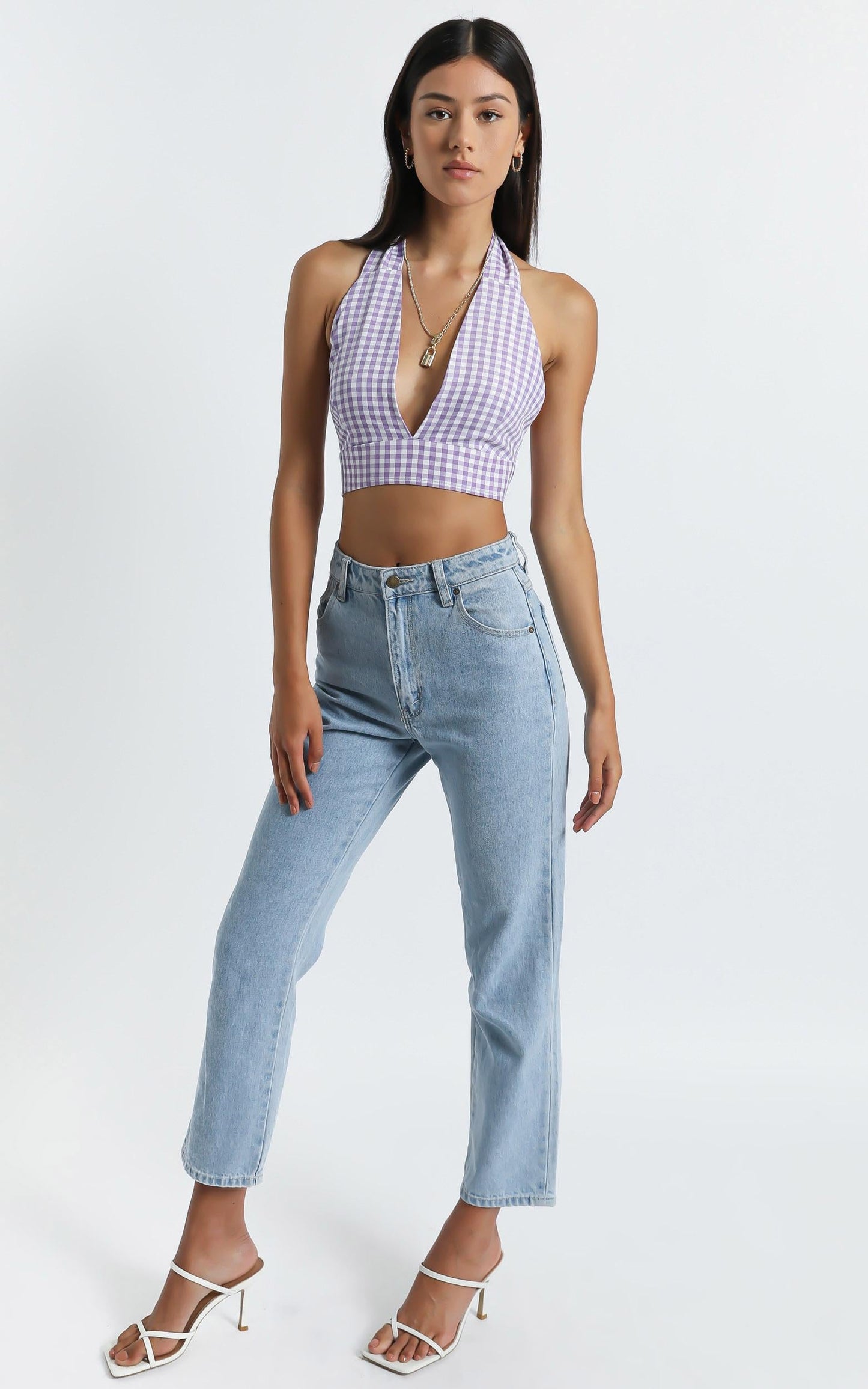 Kady Top - Deep V Halter Crop Top in Purple Check
