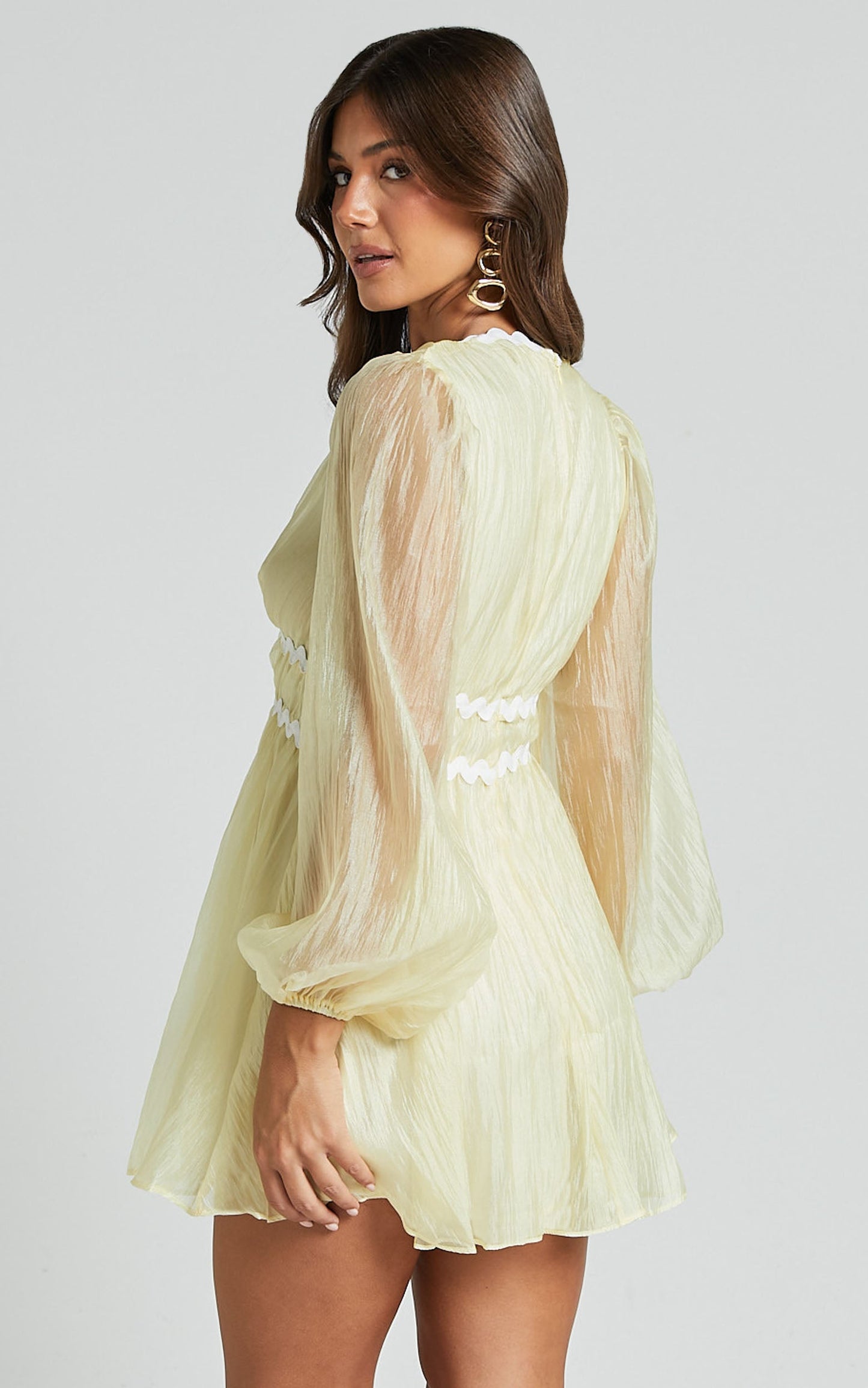 Evangeline Mini Dress - Wavy V Neck Long Sleeve Dress in Lemon
