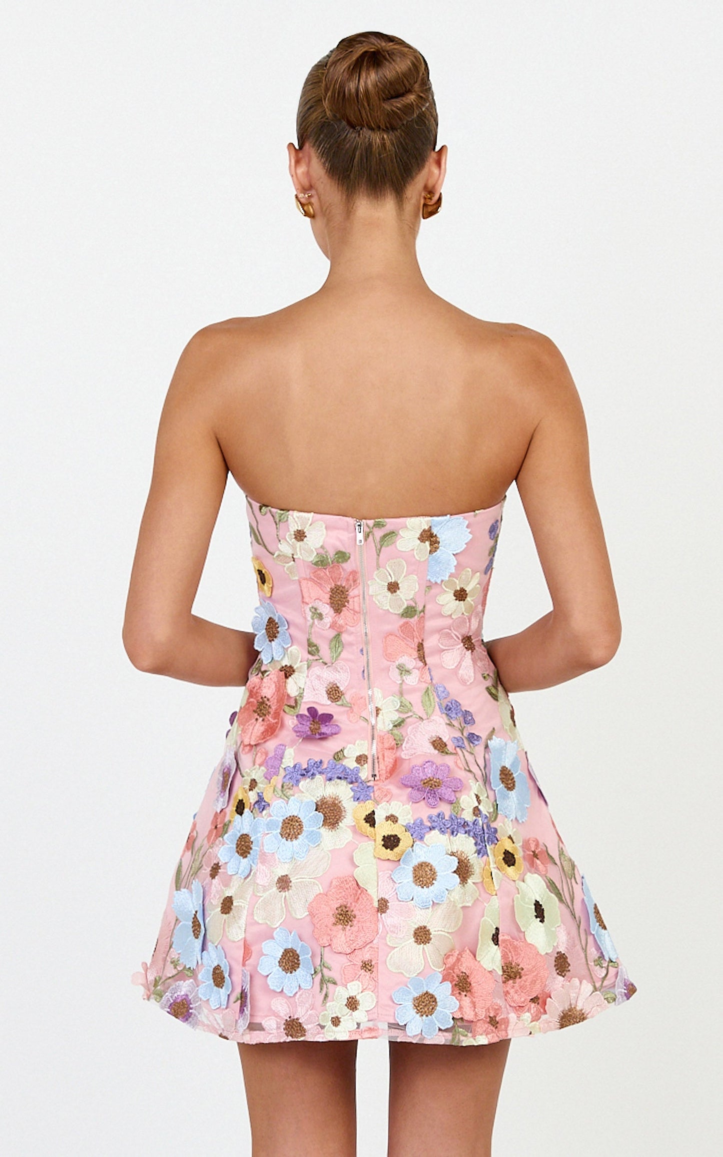 Cosima Mini Dress - Strapless 3D Floral Fit And Flare Dress in Multi