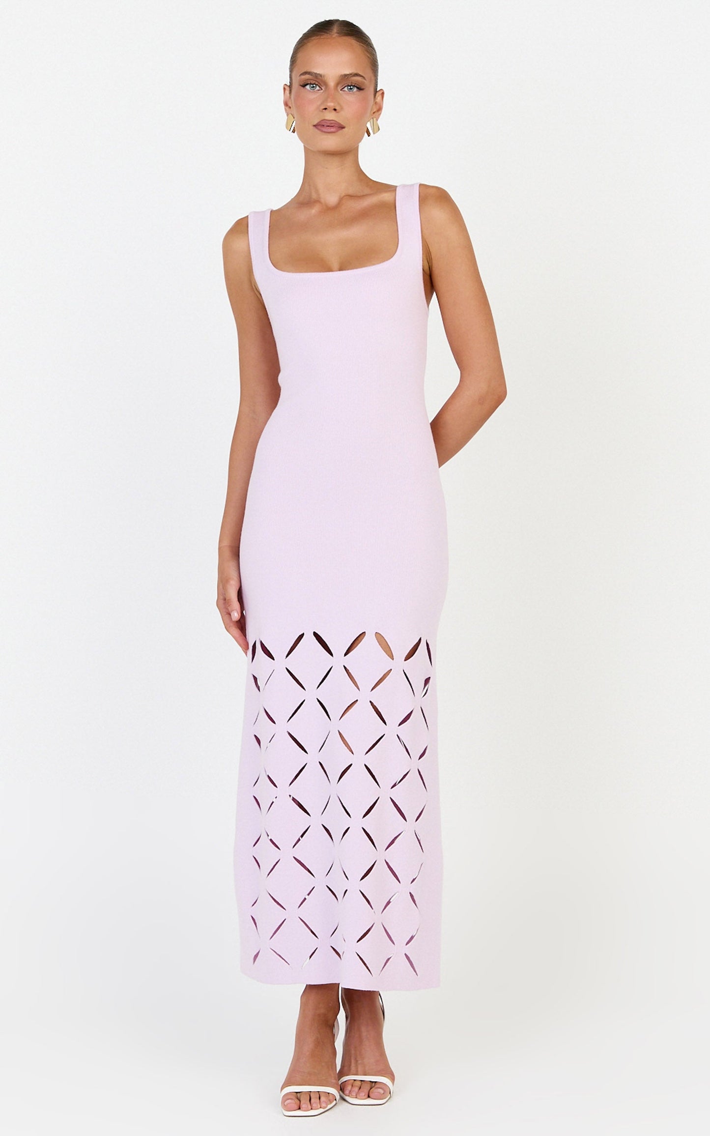 Sabrina Midi Dress - Scoop Neck Laser Cut Dress in Pink