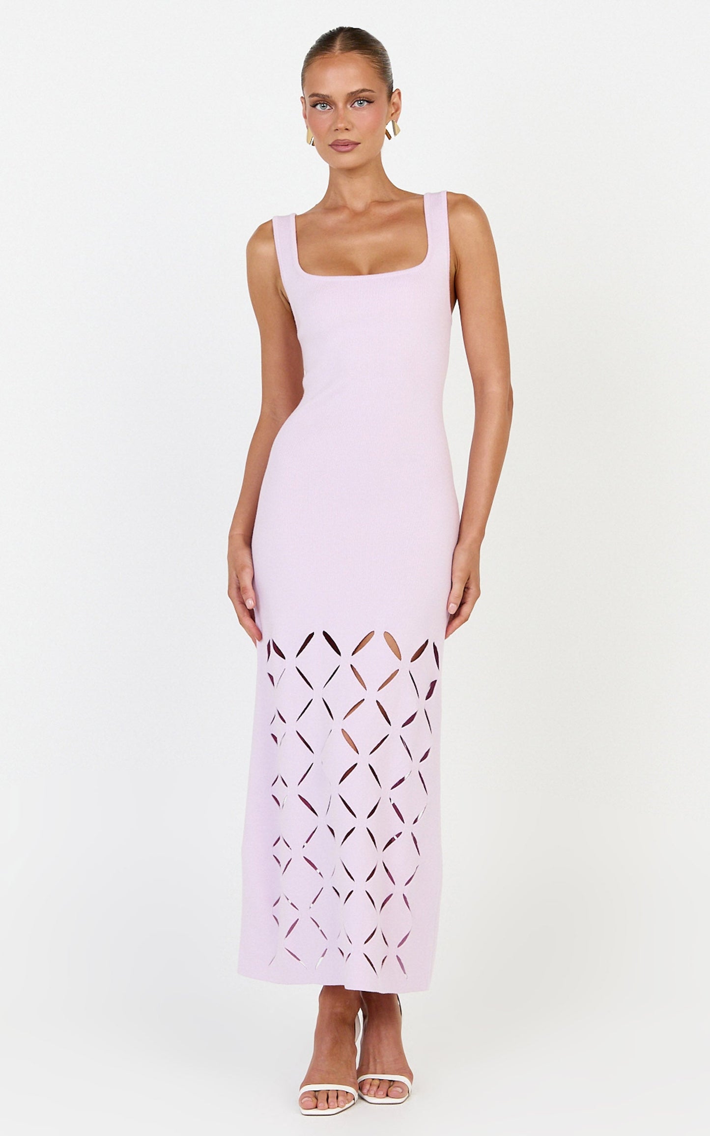Sabrina Midi Dress - Scoop Neck Laser Cut Dress in Pink