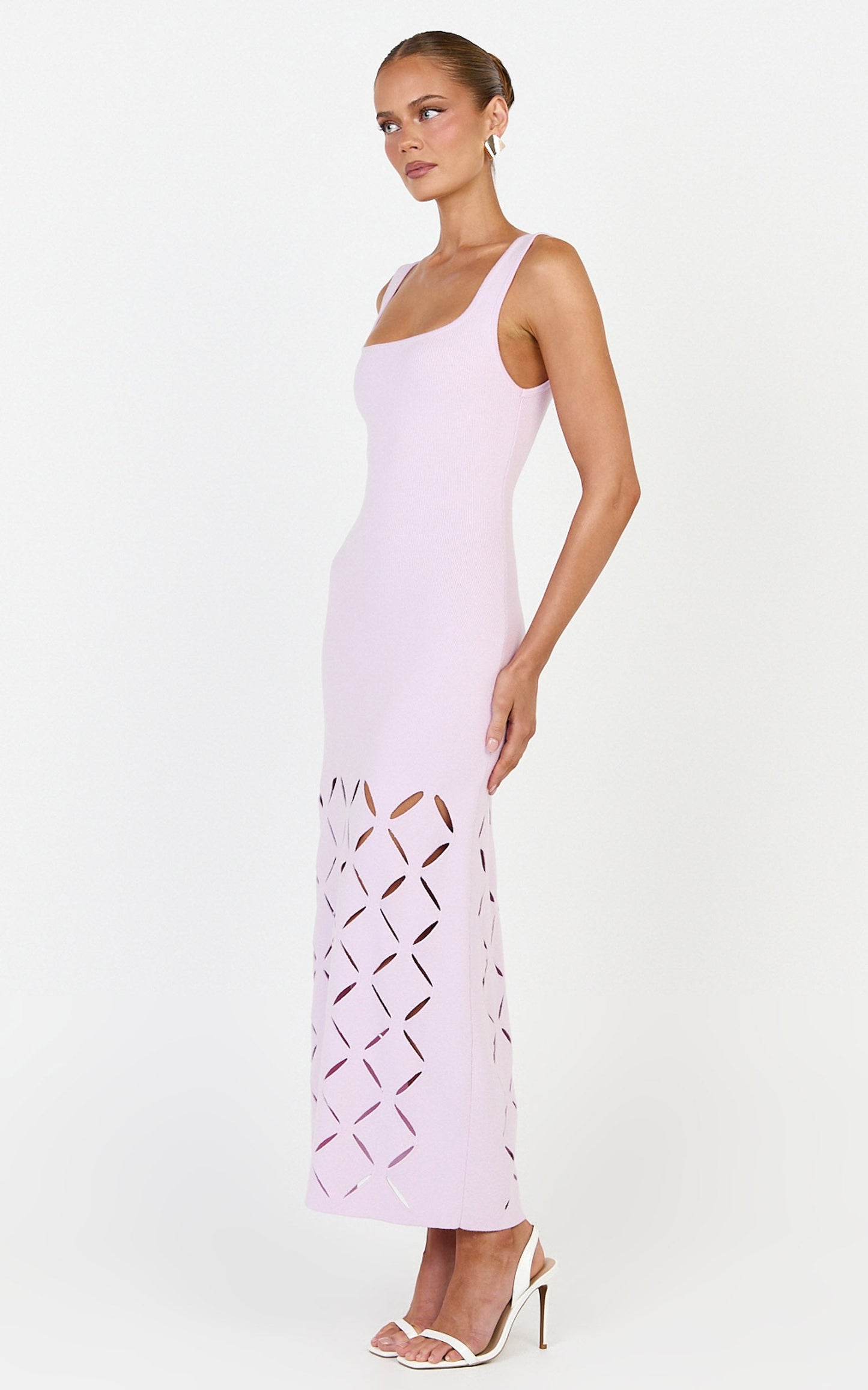 Sabrina Midi Dress - Scoop Neck Laser Cut Dress in Pink
