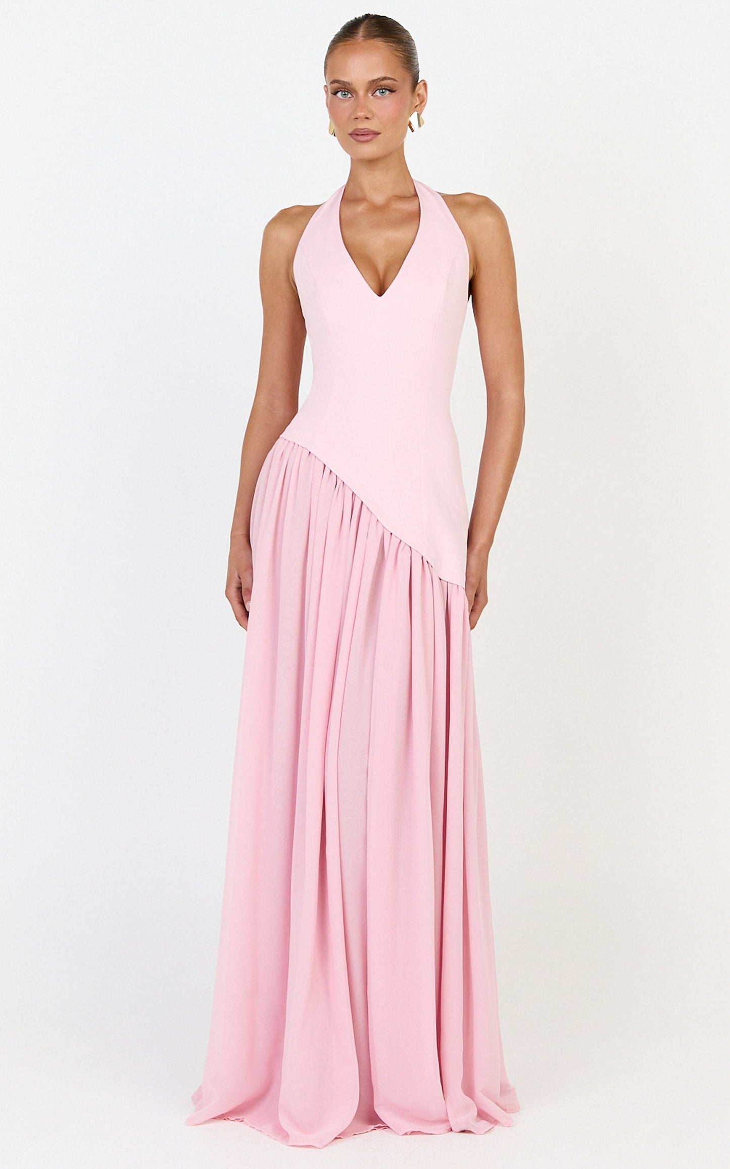 Calla Maxi Dress - Halter Neck Asymmetric Dropped Waist Dress in Pink