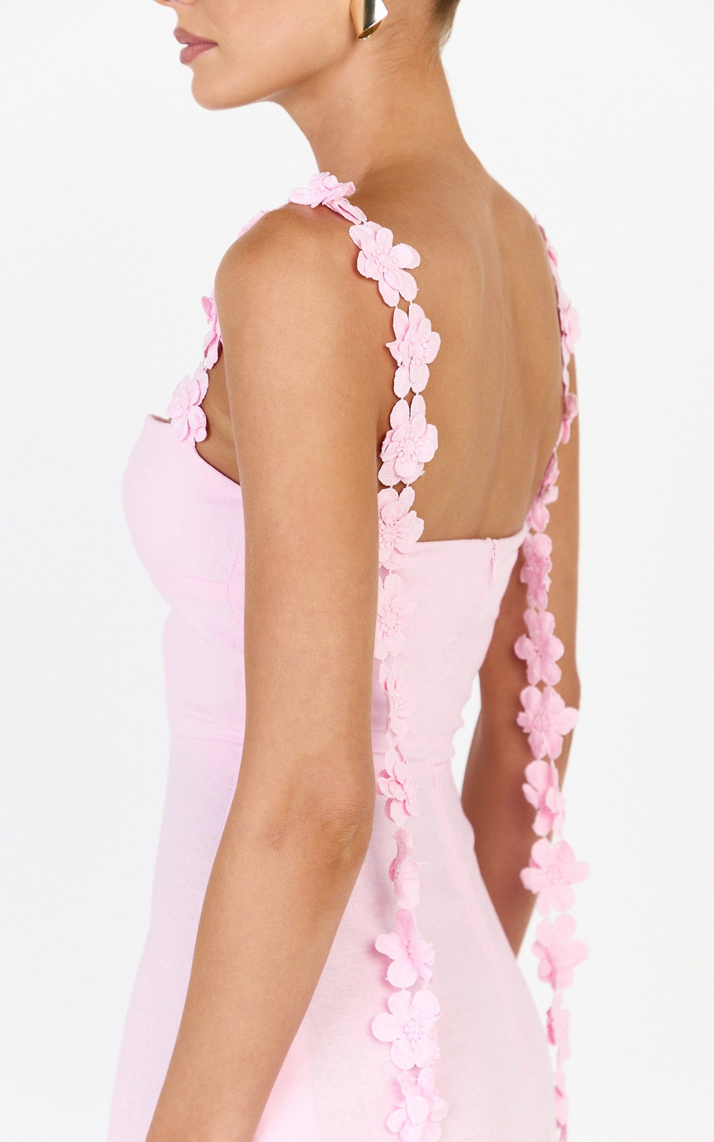 Clementine Midi Dress - 3D Floral Strap Dress in Pink