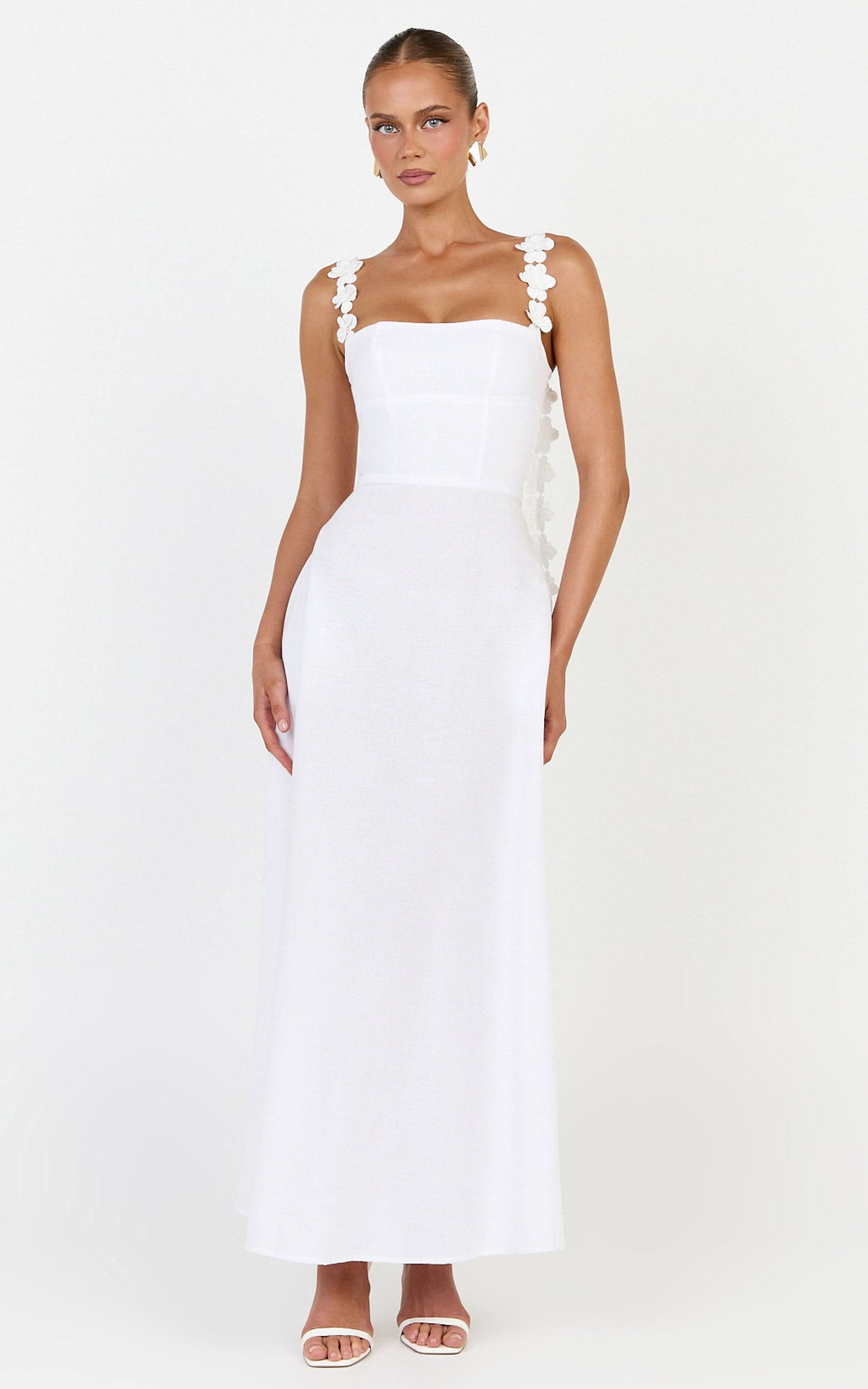Clementine Midi Dress - 3D Floral Strap Dress in White