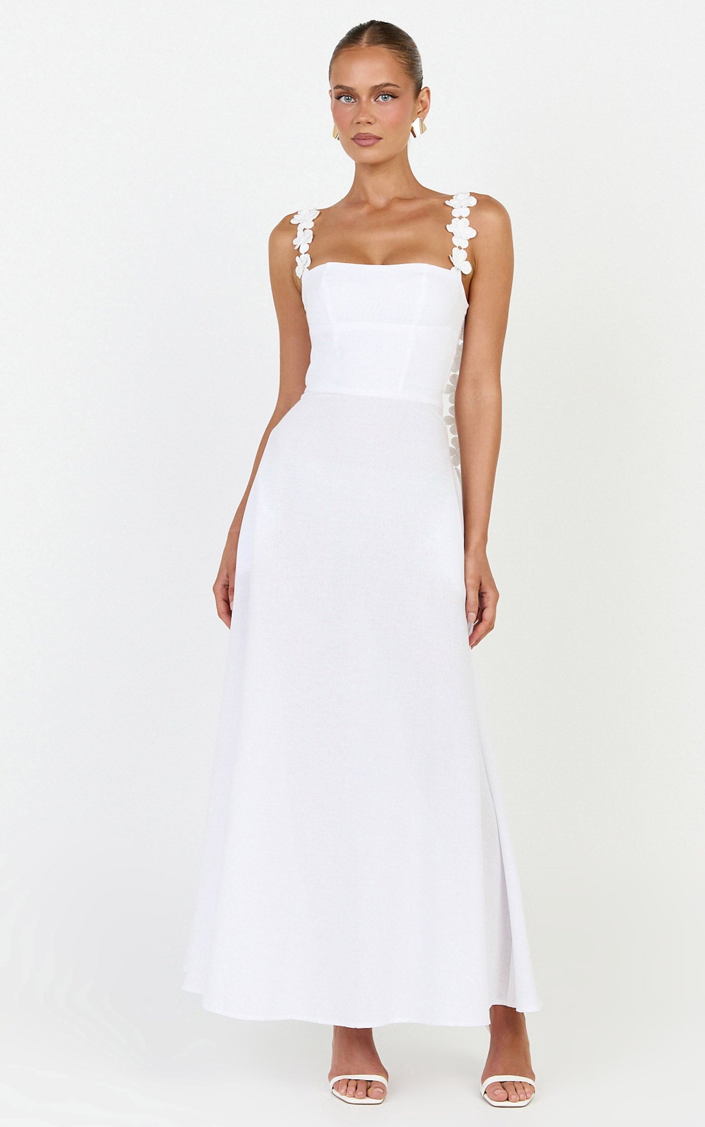 Clementine Midi Dress - 3D Floral Strap Dress in White