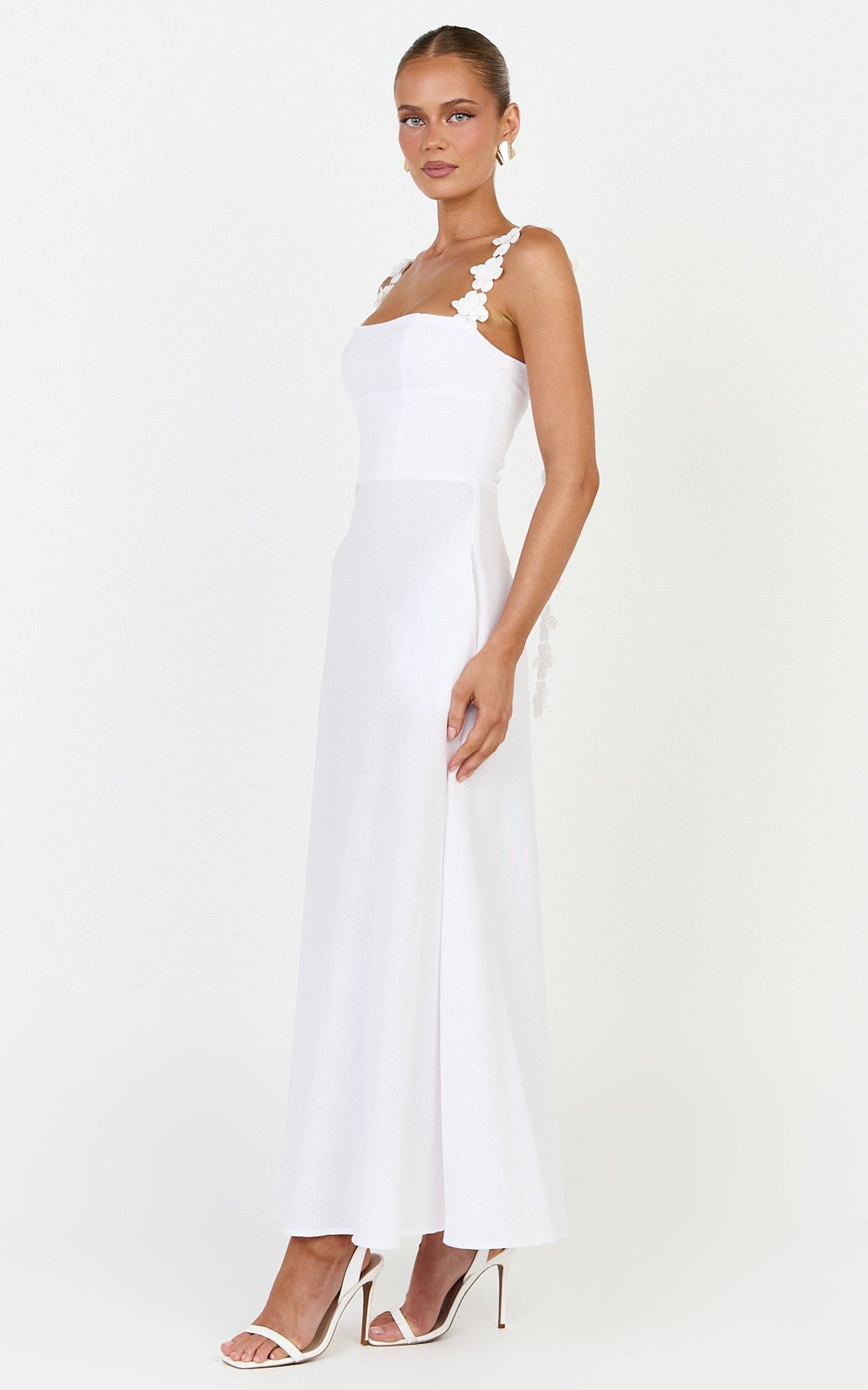 Clementine Midi Dress - 3D Floral Strap Dress in White