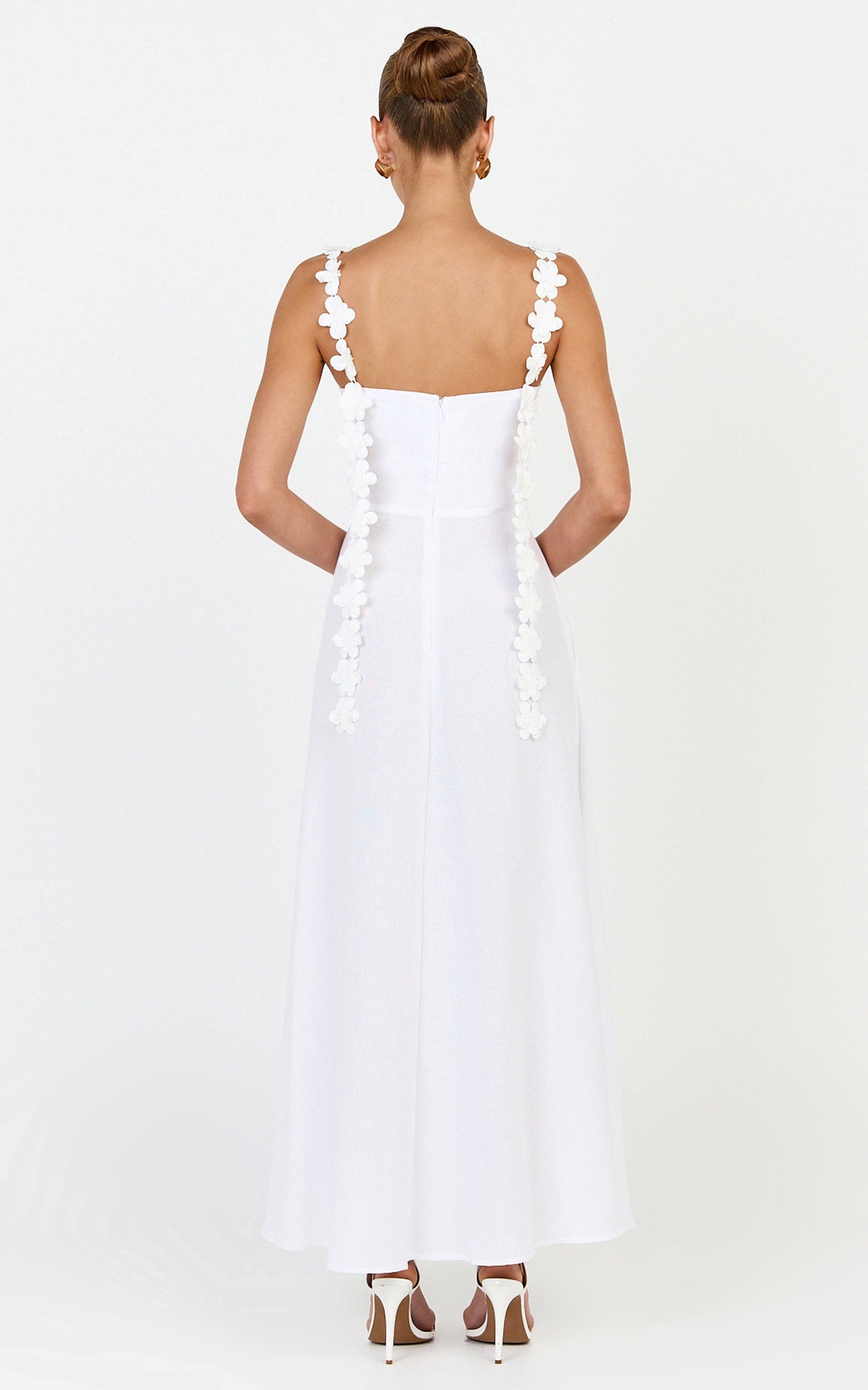 Clementine Midi Dress - 3D Floral Strap Dress in White