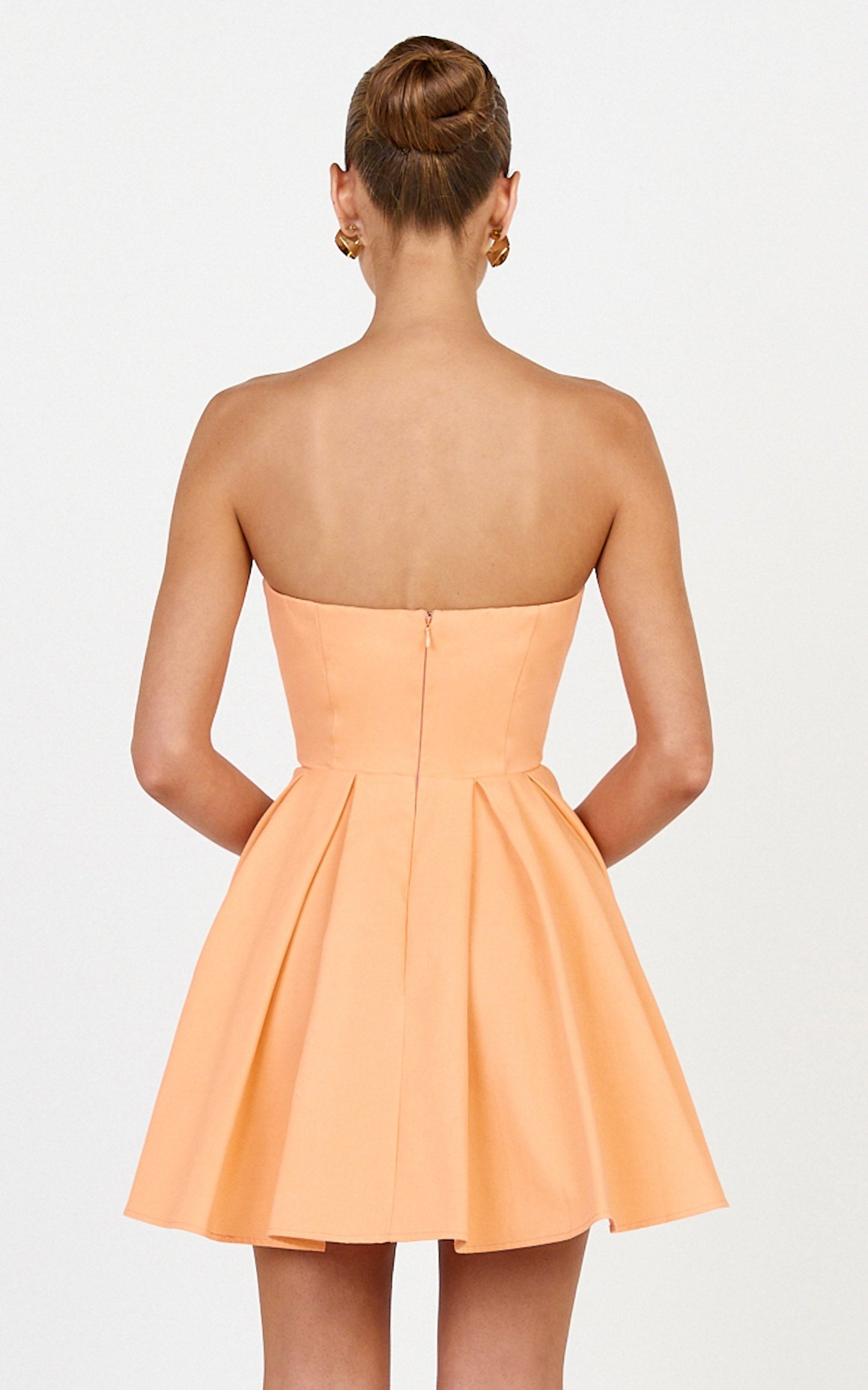 Avery Mini Dress - Strapless Fitted Bodice Full Pleated Skirt Dress in Orange